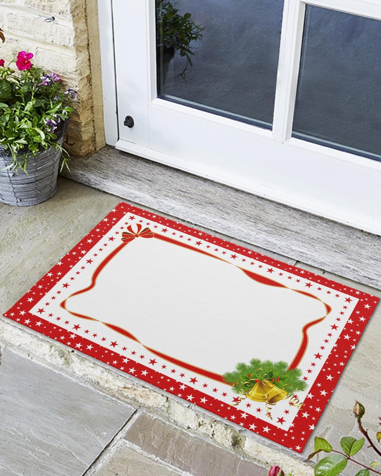 Front Door Mat Indoor Outdoor Entrance, Christmas Bow Pine Needle Bell Pentagram Winter Red White Non-Slip Doormat Low Profile Easy Clean Patio Porch Entryway Mat 20"x32"