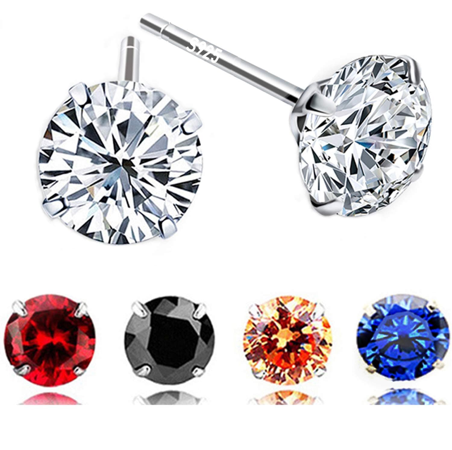 5 Pairs 925 Sterling Silver 6mm AAA CZ Cubic Zirconia Stud Earrings for Women Girls (Set of 5 Colors)