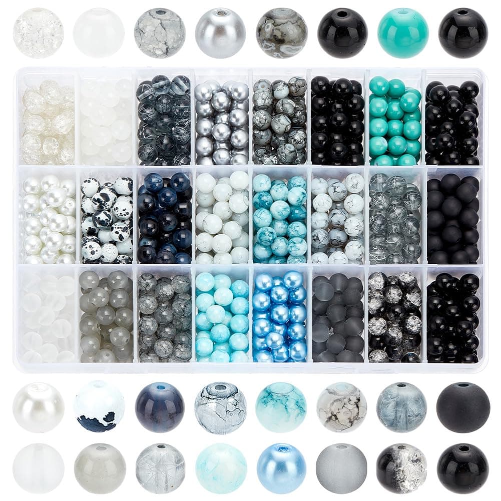 1080pcs 8mm Glass Beads 24 Color Black Bracelet Beads Round Marble Loose Beads Crystal Spacers for Bracelet Earring Necklace Jewelry Making Mubarak Ramadan Decoration