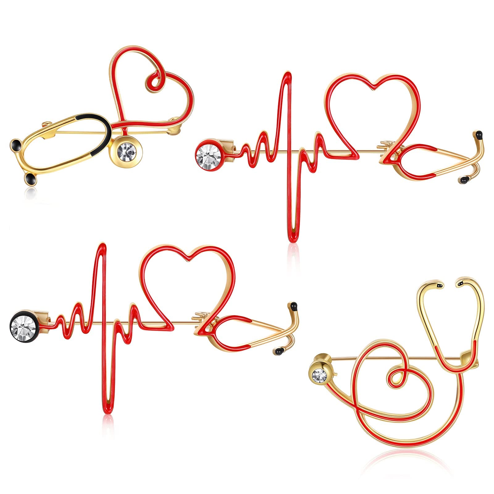Henoyso 4 Pieces Stethoscope Brooch Pins Electrocardiogram Stethoscope Brooch Heart Shaped Pin Stethoscope Lapel Pin for Clothing Bags Women Men Decorations