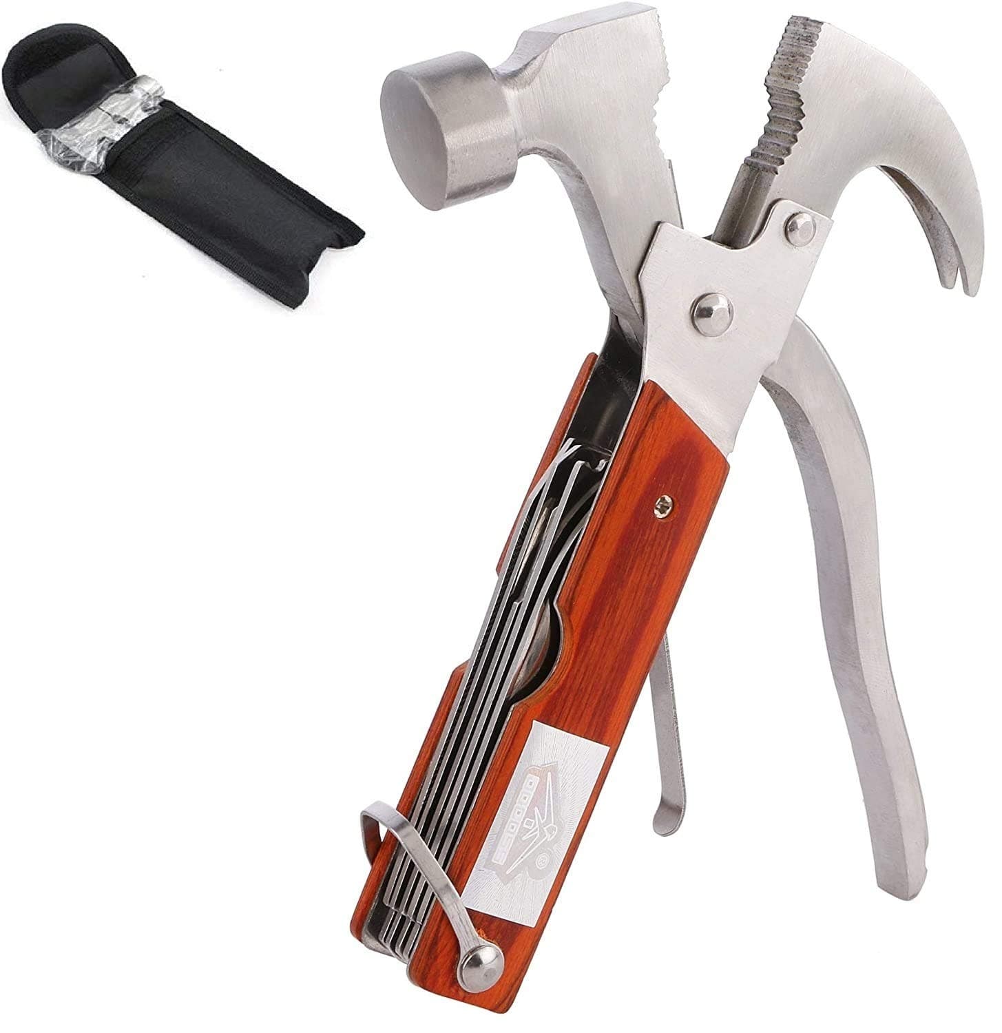 DOCOSS- 14 in 1 Multi Functional Multitool Claw Hammer for Home Use Car Glass with Axe, Knife, Screwdriver, Saw, Bottle Opener, File, Perfect for Camping, Survival,Outdoor(Wood)