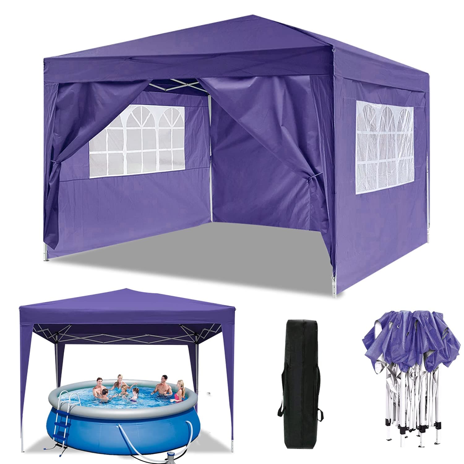 Oppikle 3x3m /3x6m Garden Gazebo Marquee Party Tent Wedding Water Resistant Awning Canopy, UV Protection With 4 Side Panels, Fully Waterproof, Ideal for Garden Party Festival Beer Tent (3x3m, Purple)