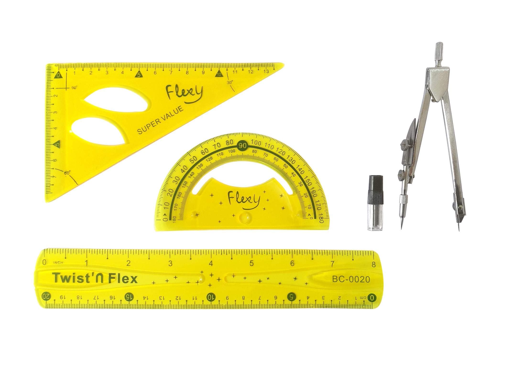 Math Protractors Plastic Protractor 180 Degrees,Clear,Ruler,Triangular Ruler and Stainless Steel Drawing Compass,Total 4 Pieces