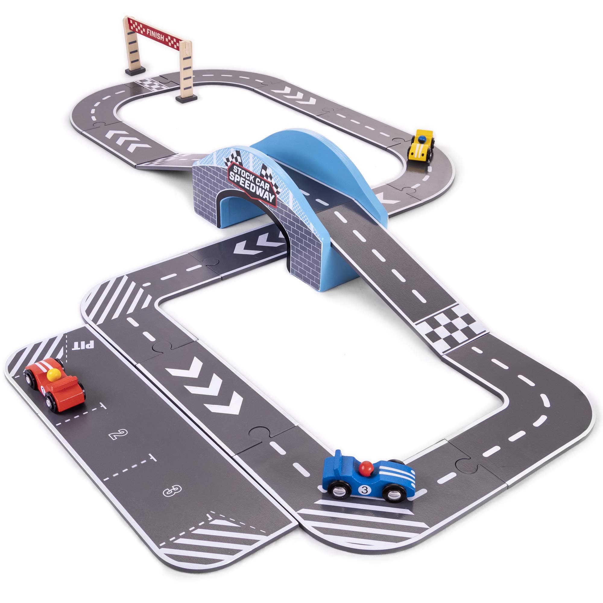Stock Car Speedway | Wooden Race Track Playset with 3 Colorful Cars, Customizable Track Layouts, & Interlocking Track Pieces | Includes Curves, Ramps, Pit Row, Finish Line, and More! (24 pcs.)