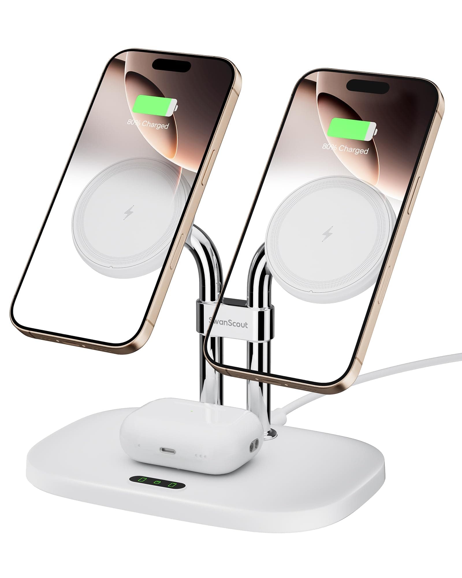 Wireless Charger for iPhone Air/17, SwanScout 706M, Dual Magnetic Charger for iPhone 16/15/14/13/12 Series, Charging Station for AirPods Pro 3/2, AirPods 4/3rd (White)