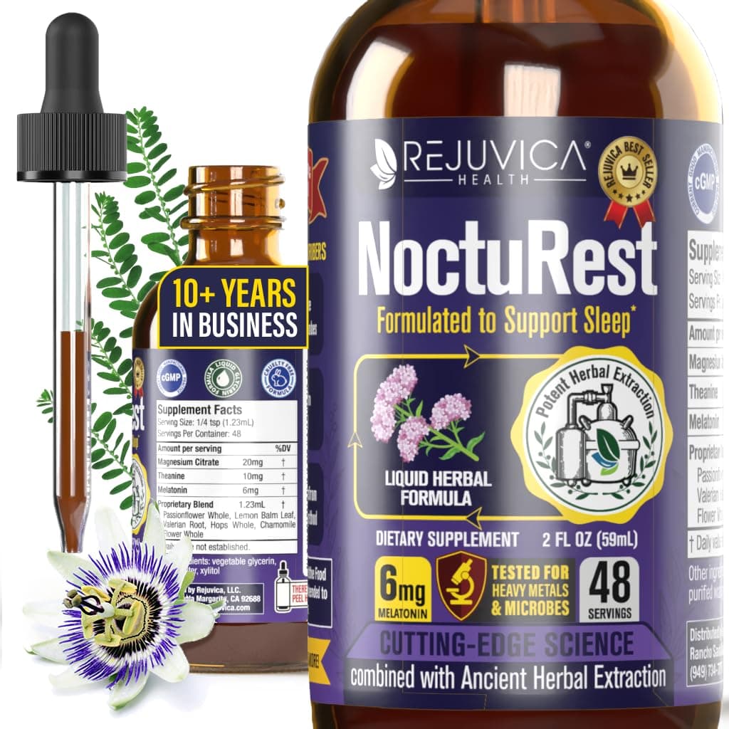 Rejuvica Health NoctuRest Liquid Melatonin Drops for Adults – Natural Sleep Aid with Magnesium, L-Theanine & Valerian Root – Nighttime Sleep Support for Calm & Rest - 2X Absorption Drops - 2 Fl Oz