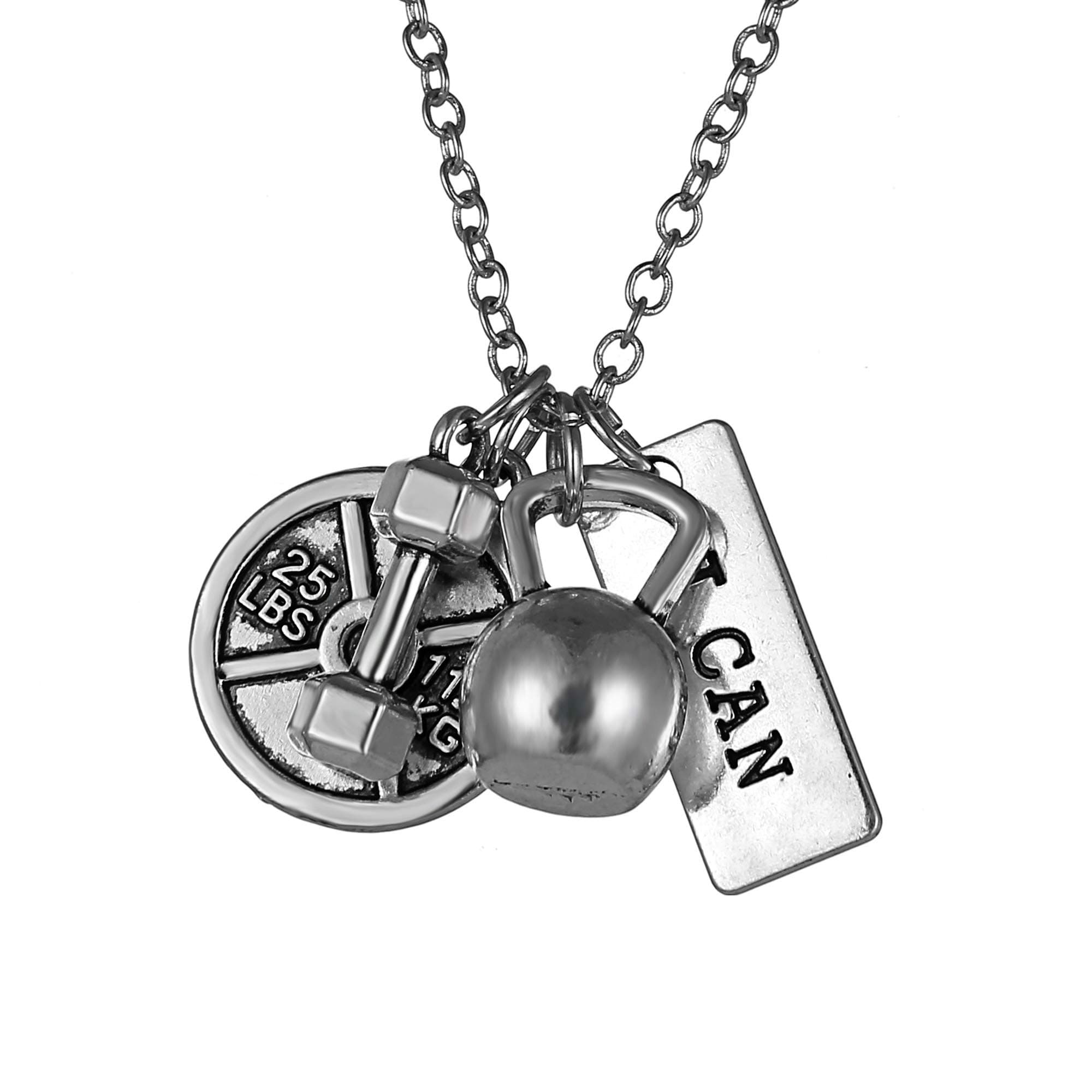 Stainless Steel Fitness Gym Necklace - Unisex Weight Lifting Barbell Kettlebell Dumbbell Workout Exercise Silver Charm Pendant Necklaces (I CAN)