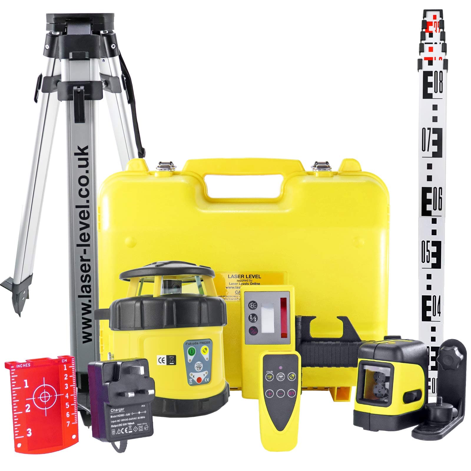 Fukuda FRE-205 Kit - Fully Self Levelling Rotary Laser Level, Laser Detector, Remote & Indoor Cross Line Laser, 4m Staff, Surveying Tripod & Calibration Certificate