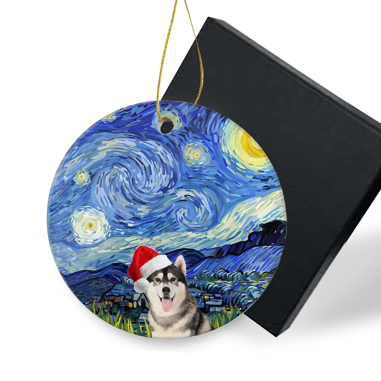 Siberian Husky Christmas Ornaments 2022-Starry Night Funny Santa Hat Dog Round Ceramics Ornament Porcelain Christmas Tree Ornament for a Dog Lover 3 inch Pet Gifts with Box