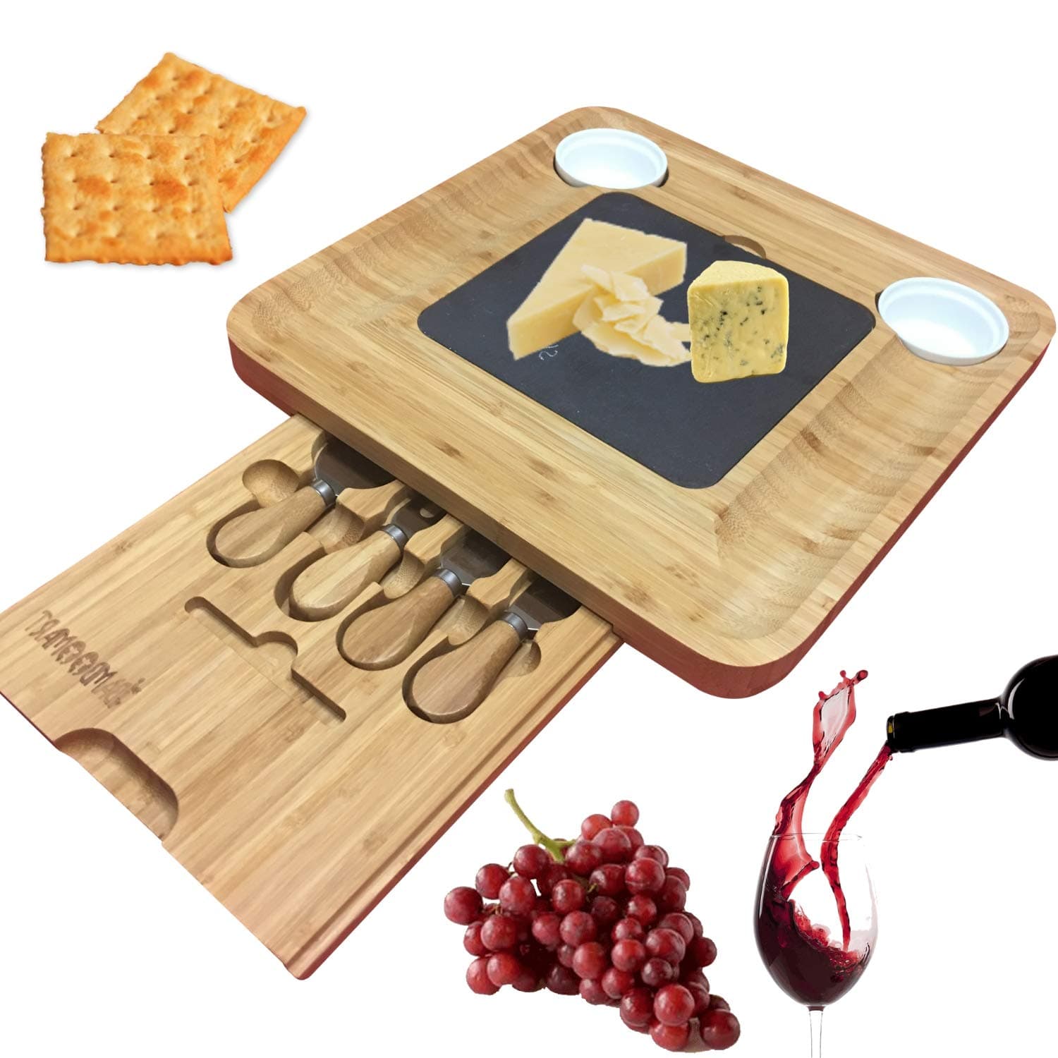 Slate Cheese Board Set w/Cutlery Set, 2 Bowl, Soap Stone Chalk, Charcuterie Platter Slate Board, gift for Mom, Mothers, Women, Men Housewarming, Wedding, Birthday, hostess