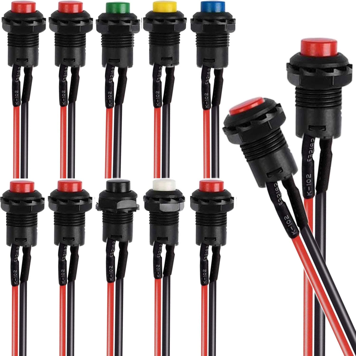 RUNCCI-YUN 10pcs 12mm Round Push Button Switch - SPST Self-Locking, Latching, 6 Colors, Pre-soldered Wires, 12V