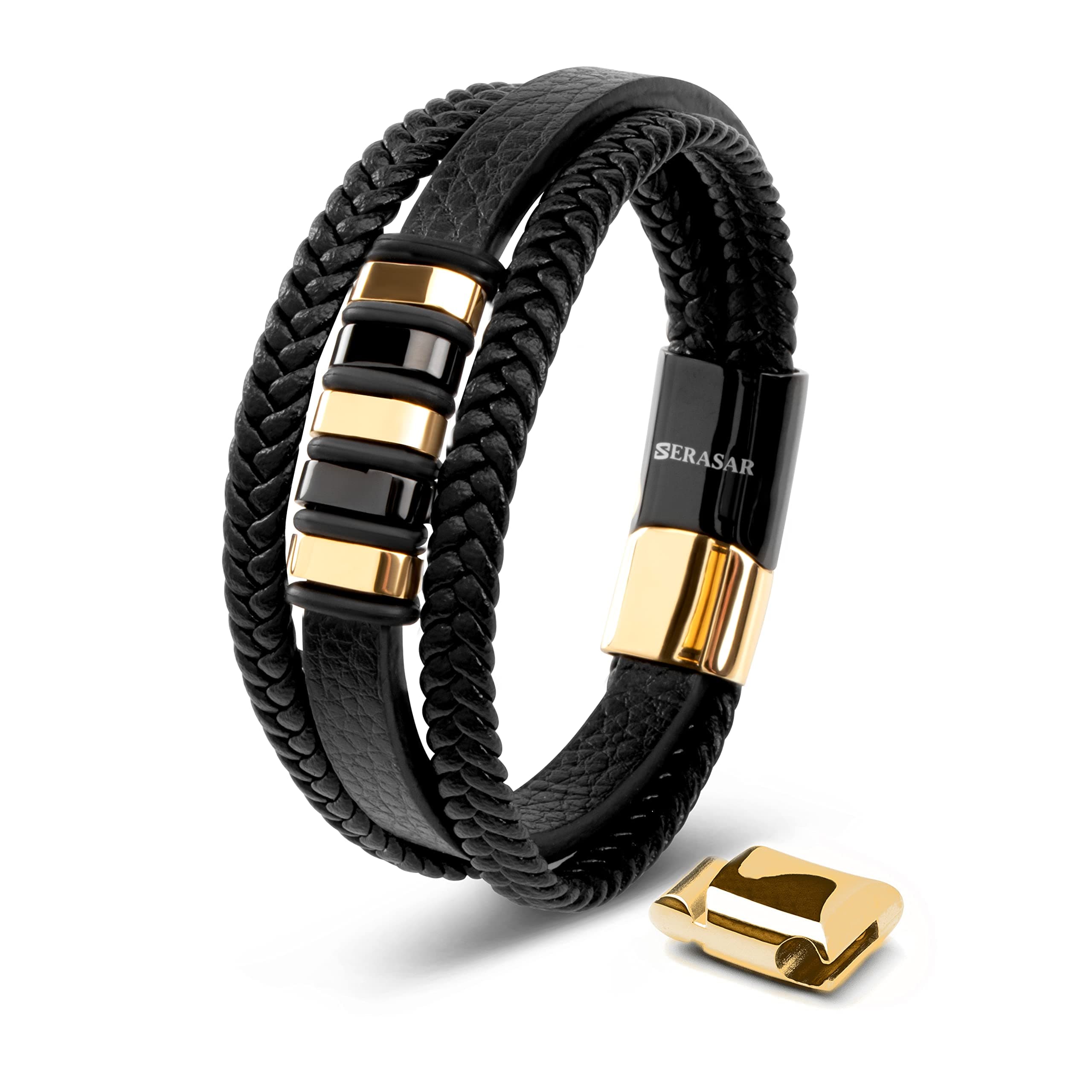 SERASAR | Premium Genuine Leather Bracelet [Glory] for Men in Black | Magnetic Stainless Steel Clasp in Silver and Gold | Inclusive Jewellery Box | Great Gift Idea