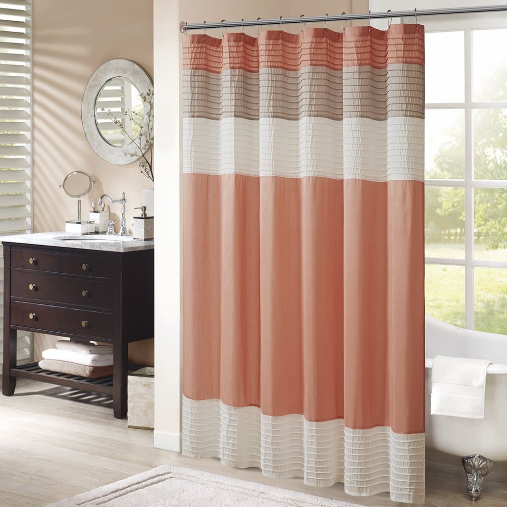 Madison ParkAmherst Bathroom Shower Curtain Faux Silk Pieced Striped Modern Microfiber Bath Curtains, 72x72 Inches, Coral