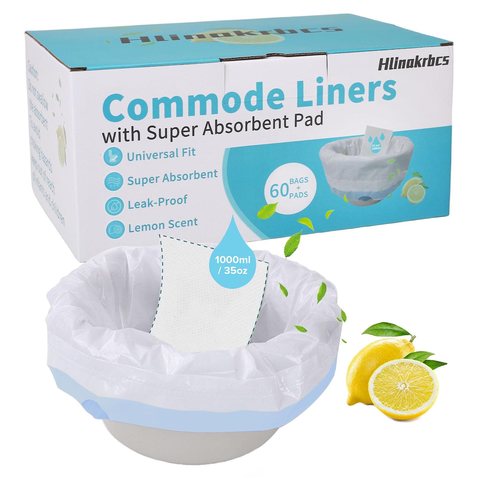 60 Pack Commode Liners with Absorbent Pads(Lemon Scent),Bedside Commode Liners Disposable for Portable Toilet,Adult Commode Chair Bucket & Porta Potty,Camping Toilet Bags