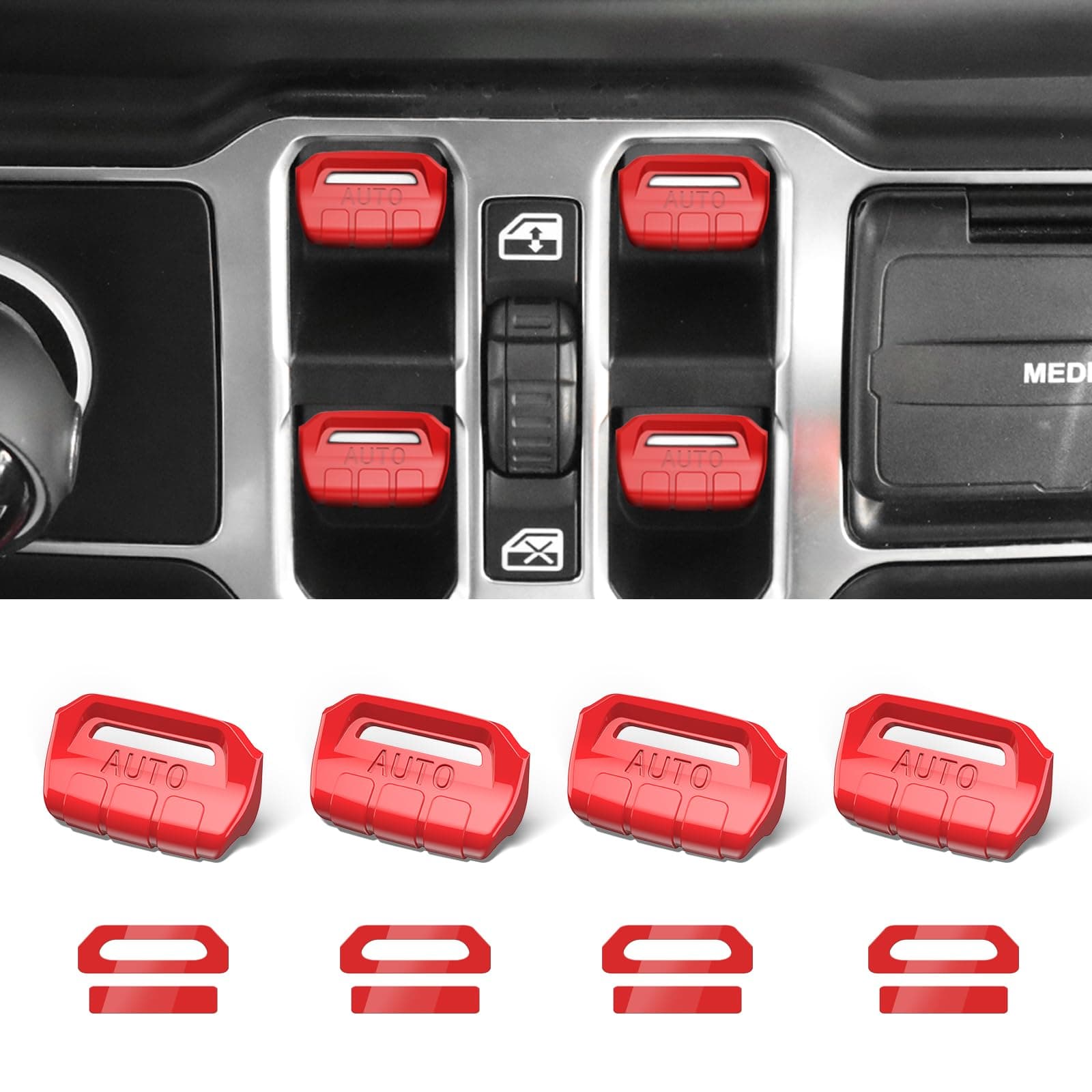 4PCS Upgraded Window Switch Button Cover Compatible with Jeep Wrangler JL JLU 2018-2024 and Gladiator JT 2020 2021 2022 2023 2024 Wrangler 4xe Interior Accessories(Bright Red)