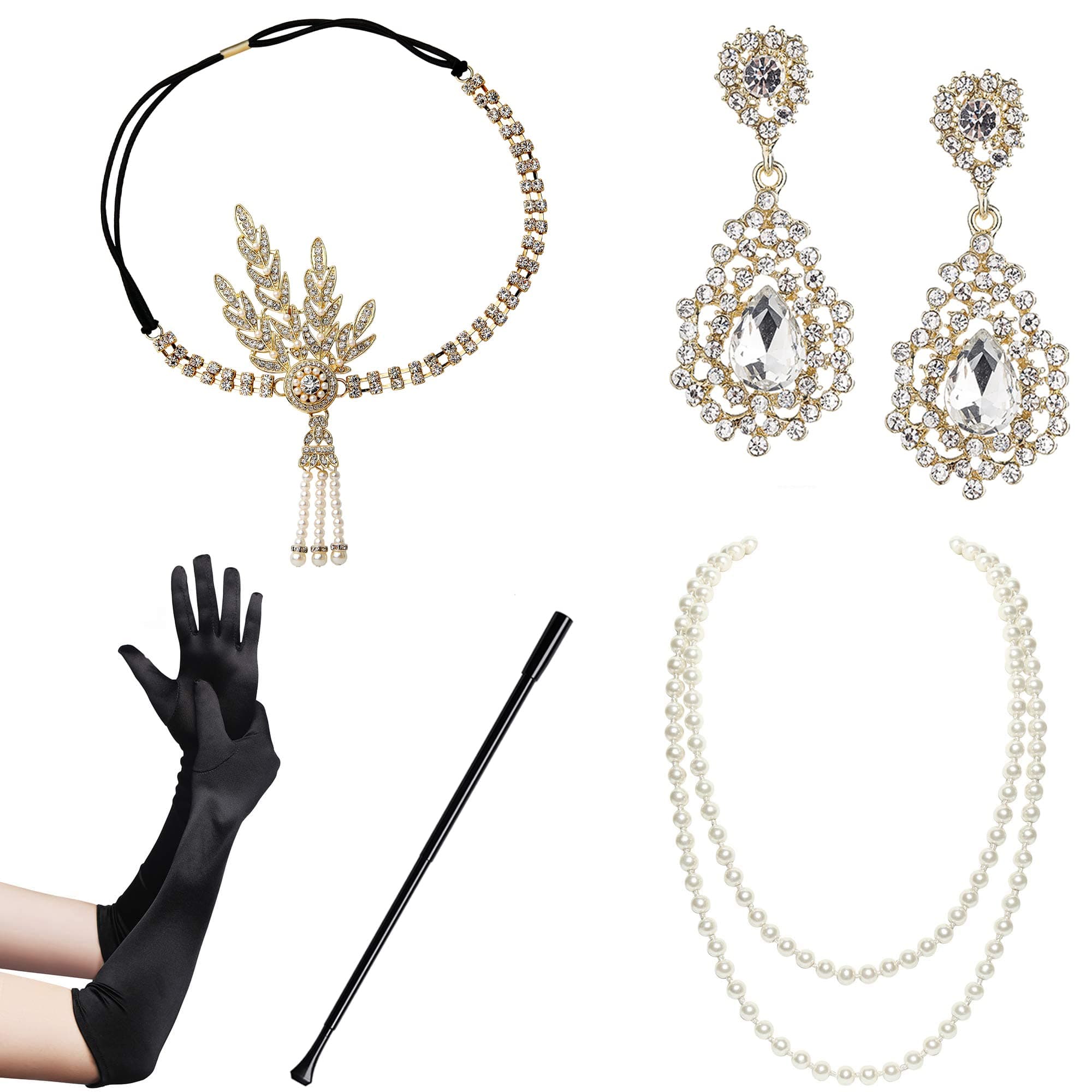1920s Accessories for Women - Flapper Headpiece Great Gatsby Accessories for Women Pearl Bracelet Necklace Gloves