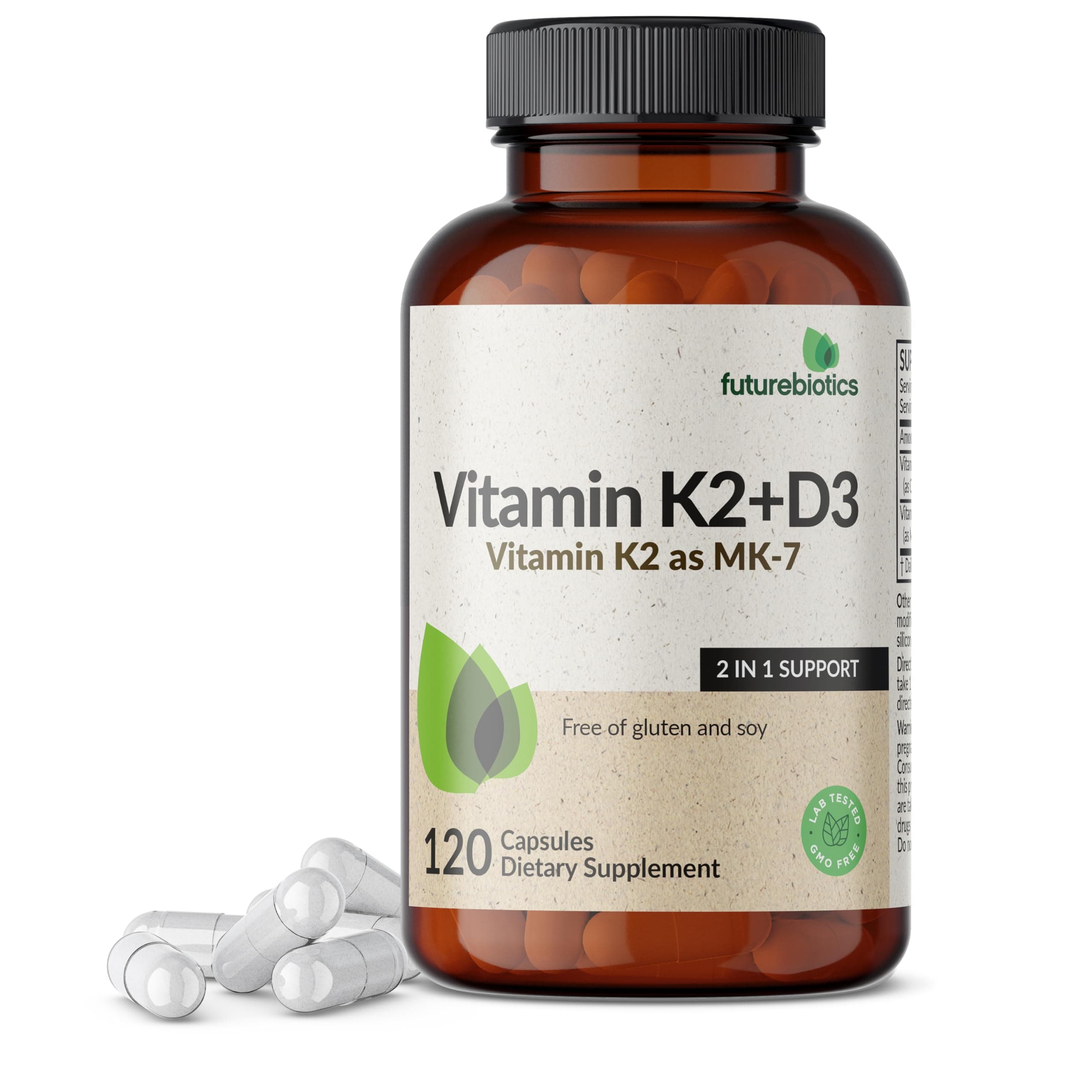 Futurebiotics Vitamin K2 (MK7) with D3 Supplement - Non-GMO Formula - 5000 IU Vitamin D3 & 90 mcg Vitamin K2 MK-7, 120 Vegetarian Capsules