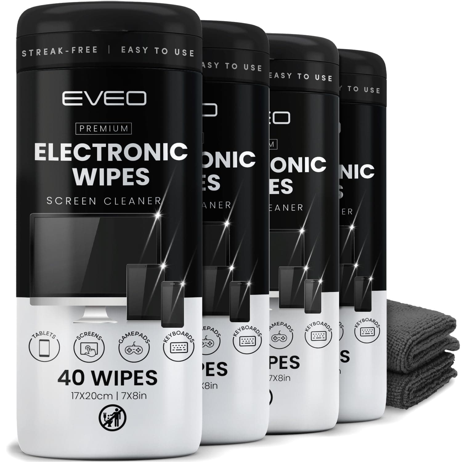 Electronic Wipes Streak-Free for Screen Cleaner & Smart Watch [4 Pack x 40] TV Screen, Smart TV, Computer Screen, Laptop, Phone, Tablet, and Electronics devices - Microfiber Cloth Included [160 Wipes]