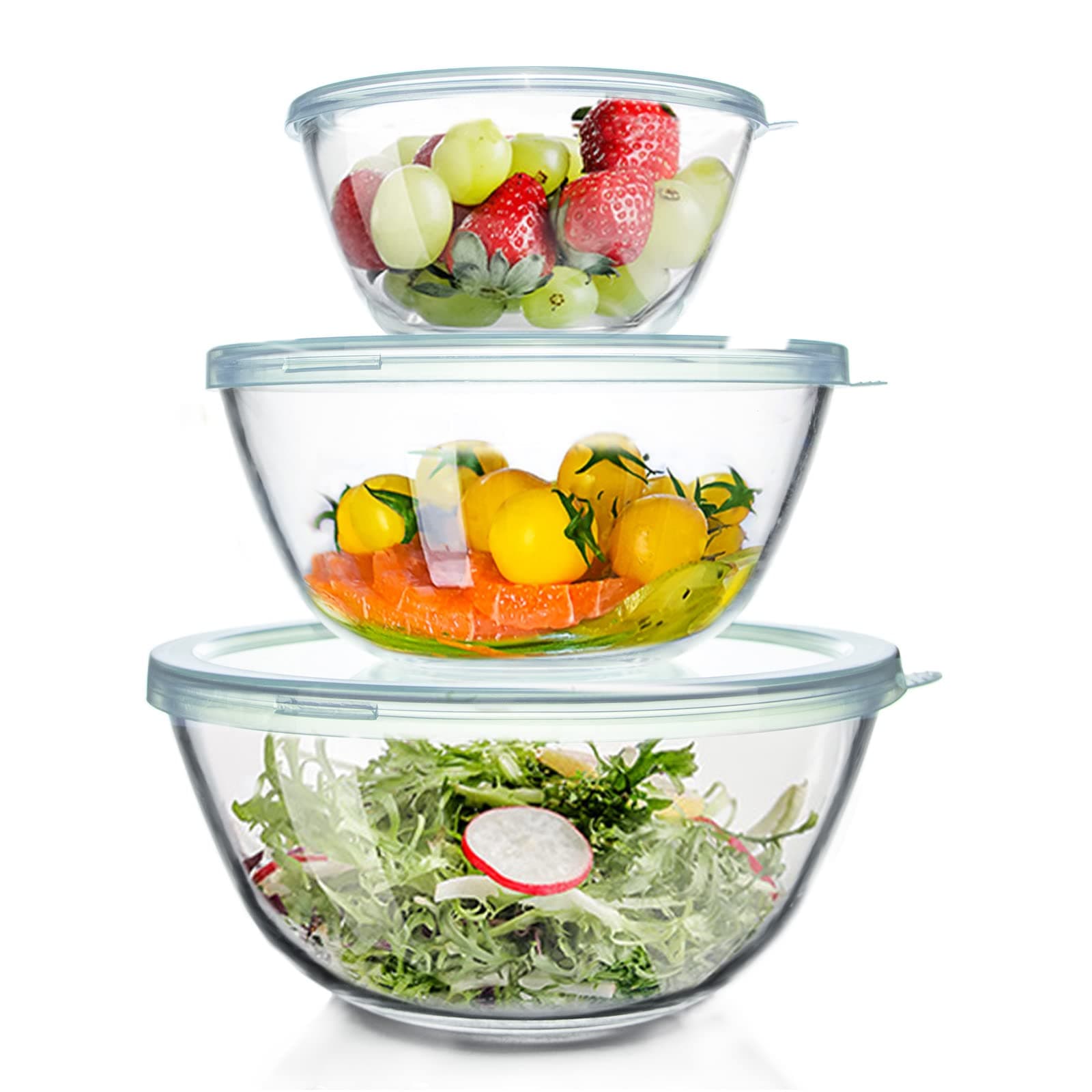 WhiteRhino Glass Mixing Bowls Glass Bowls with Lids Set(4.5QT,2.7QT, 1.1QT),Large Salad Bowls,glass mixing bowl Space-Saving Nesting Storage bowls for Cooking,Baking,Prepping,Dishwasher Safe