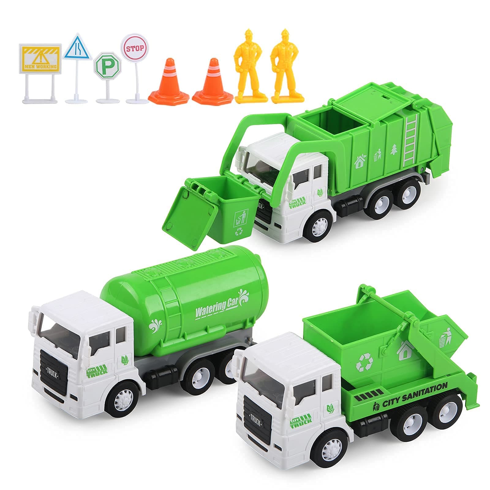Toy Vehicles Set 3 Pack Sanitation Truck Car Model Garbage Trucks Water Tanker Playset with 8 Signpost Friction Power for Boys Age 3+ Toddlers Kids Holiday Birthday Gift Children