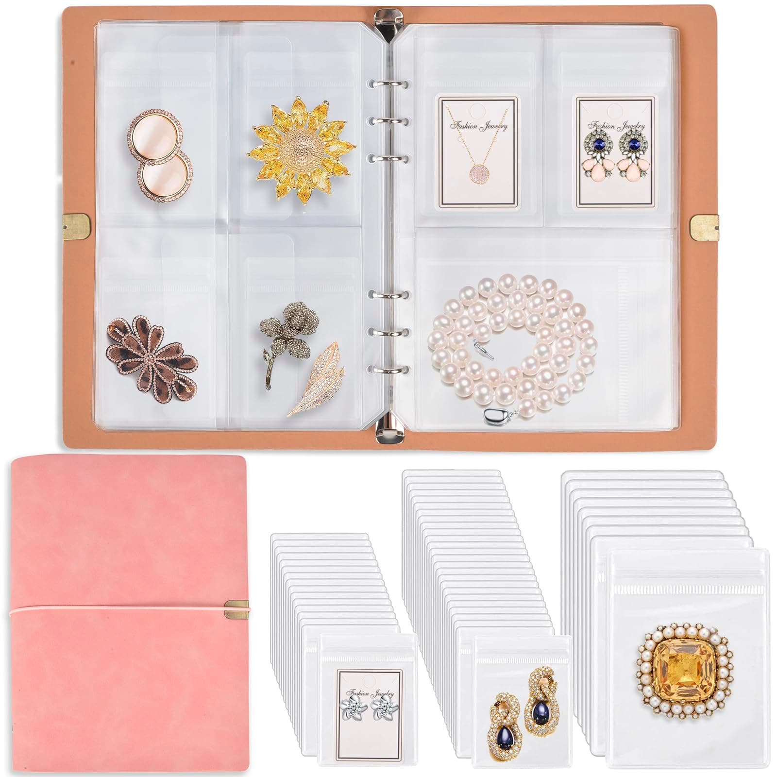 ChezMax Jewelry Organizer, Jewelry Storage Book with Pockets, Foldable Earrings Travel Album, PU Leather Accessories Holder Booklet for Necklace Rings (64 Grids+64 Anti-Oxidation PVC Bags) Pink