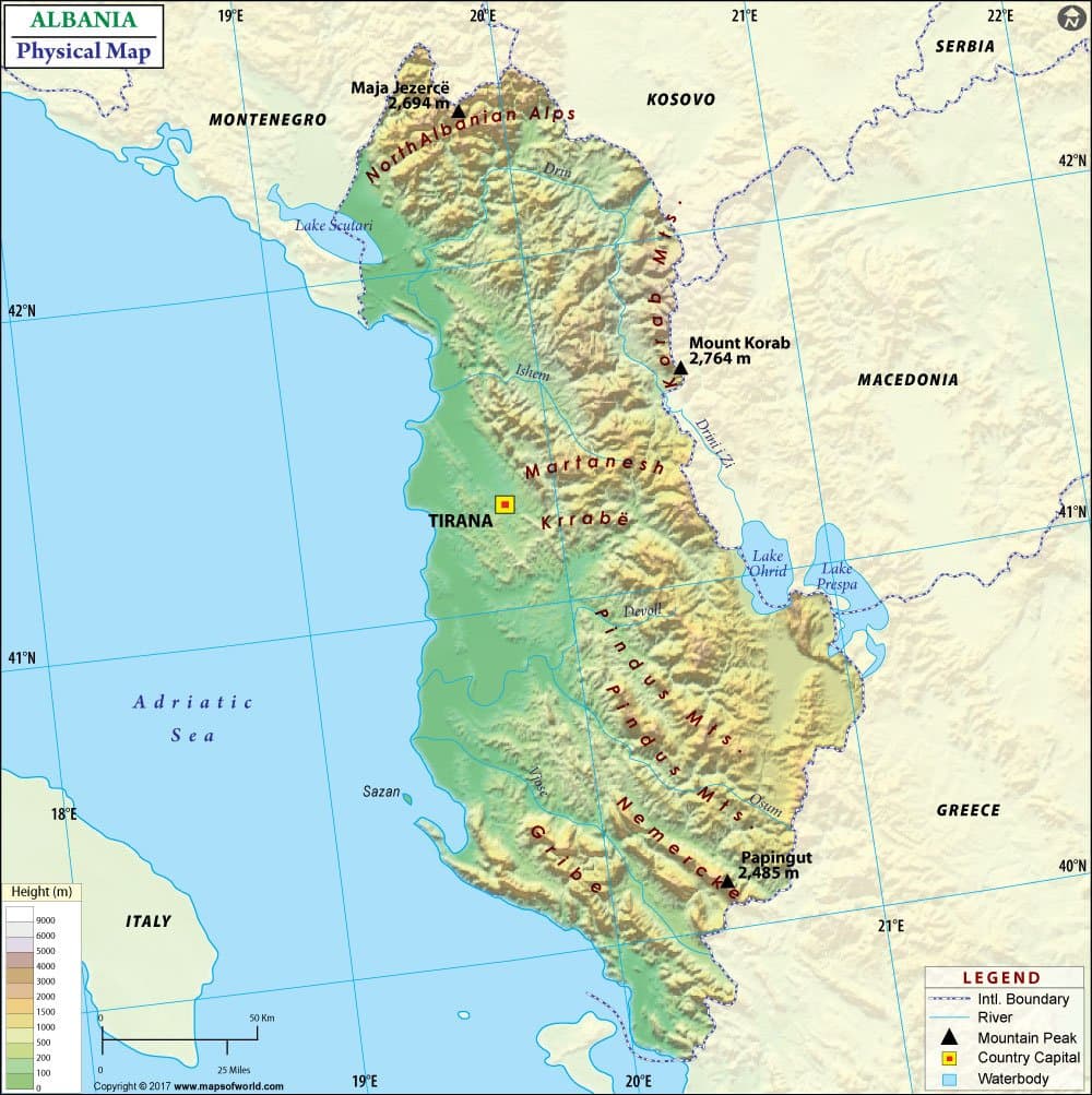 Albania Physical Map - Laminated (36" W x 36" H)