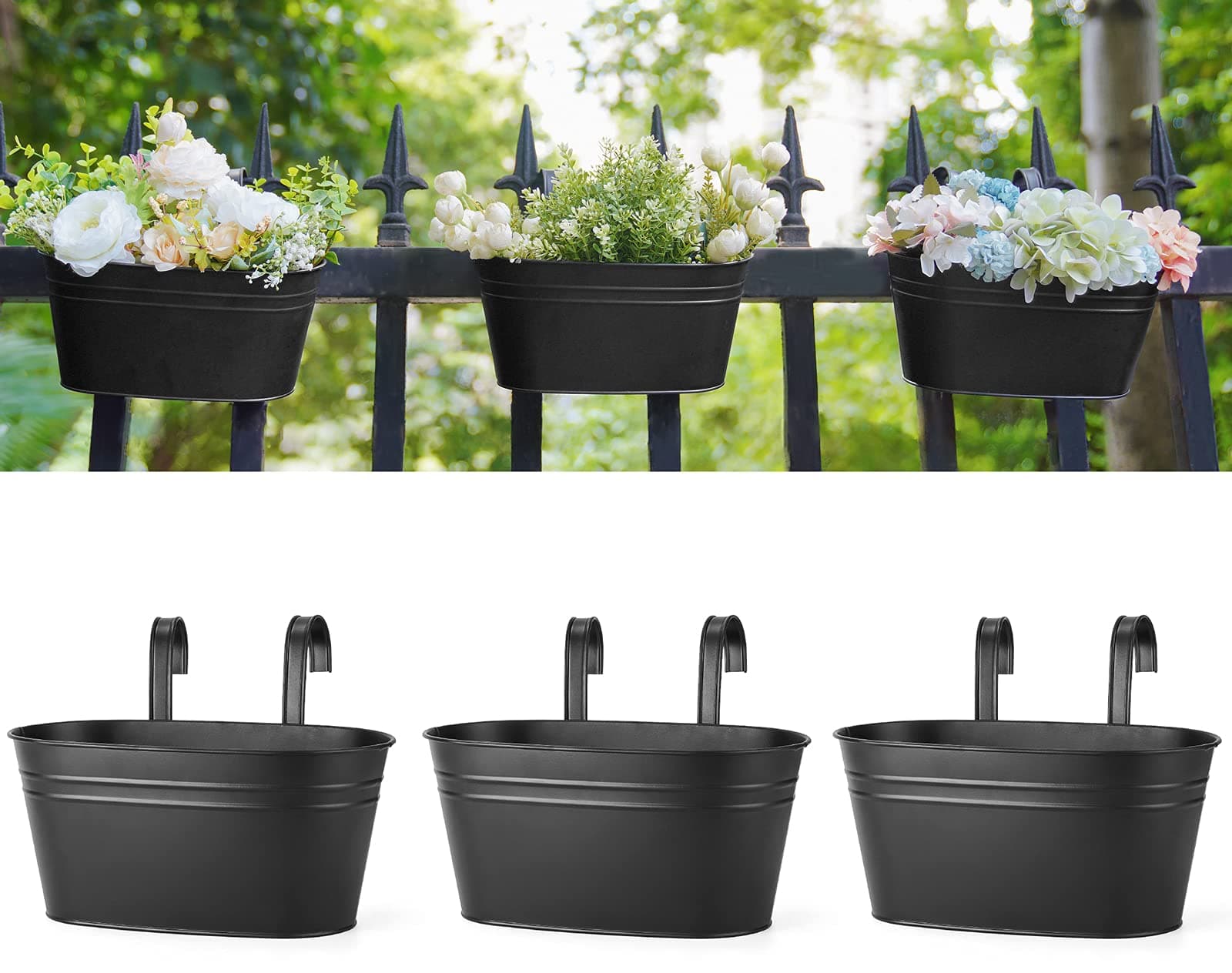 Dahey 10.5 Inch Metal Iron Hanging Flower Pots for Railing Fence Hanging Bucket Pots Countryside Style Window Flower Plant Holder with Detachable Hooks Home Decor,Black,3 Pcs