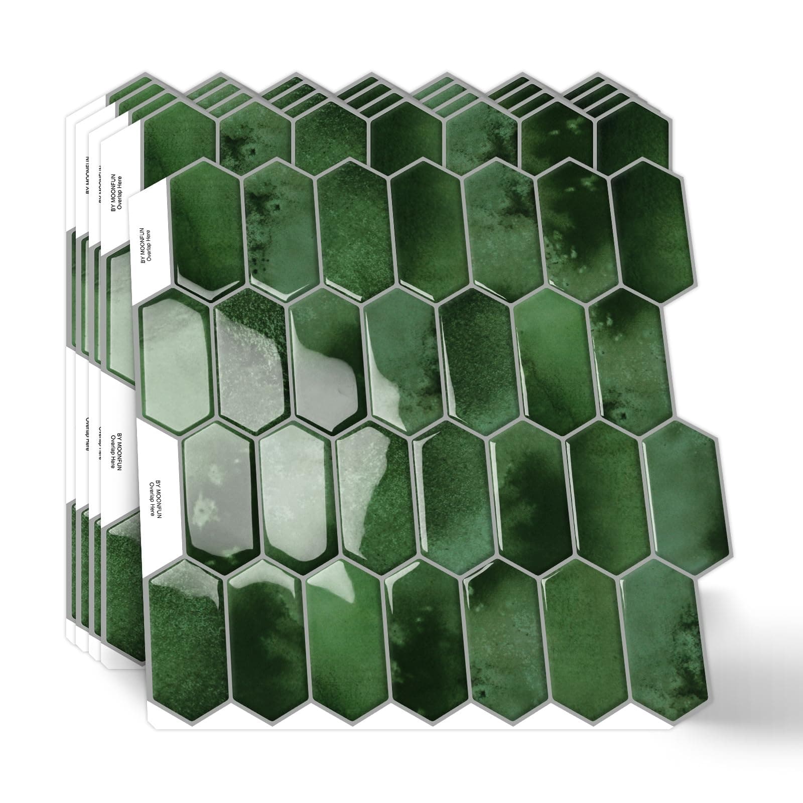 10-Sheet Long Hexagon Peel and Stick Kitchen Backsplash Tiles,3D Waterproof Self-Adhesive Wall Tile Stick on Backsplash for Kitchen, Bathroom, Fireplace,RV(Dark Green,12"×12")