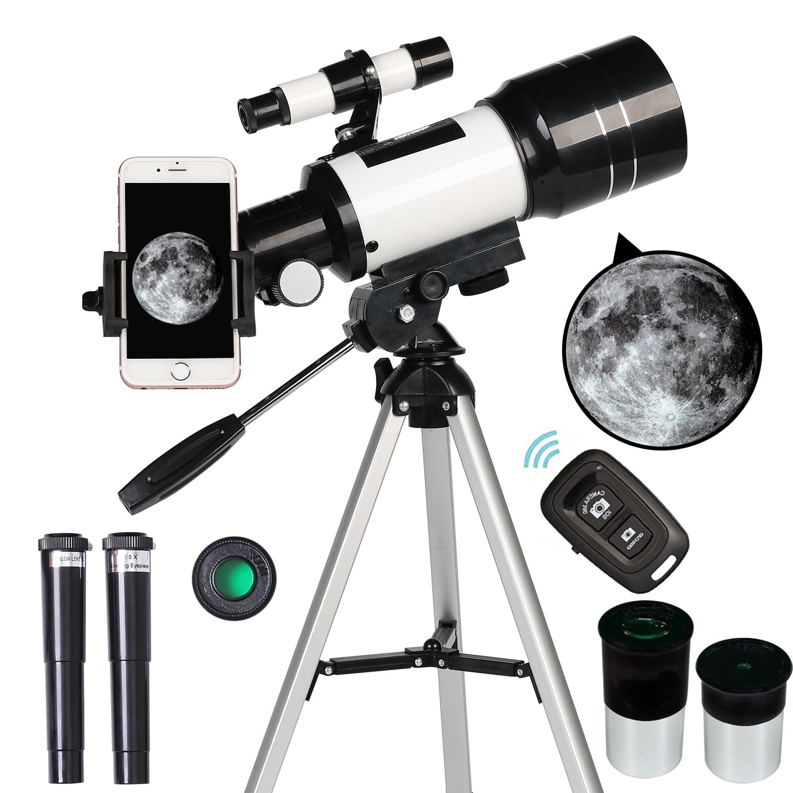 ToyerBee Telescope for Adults & Kids, 70mm Aperture Refractor (15X-150X) Portable Travel Telescope with Phone Adapter & Wireless Remote, Astronomy Beginners Gifts, Black