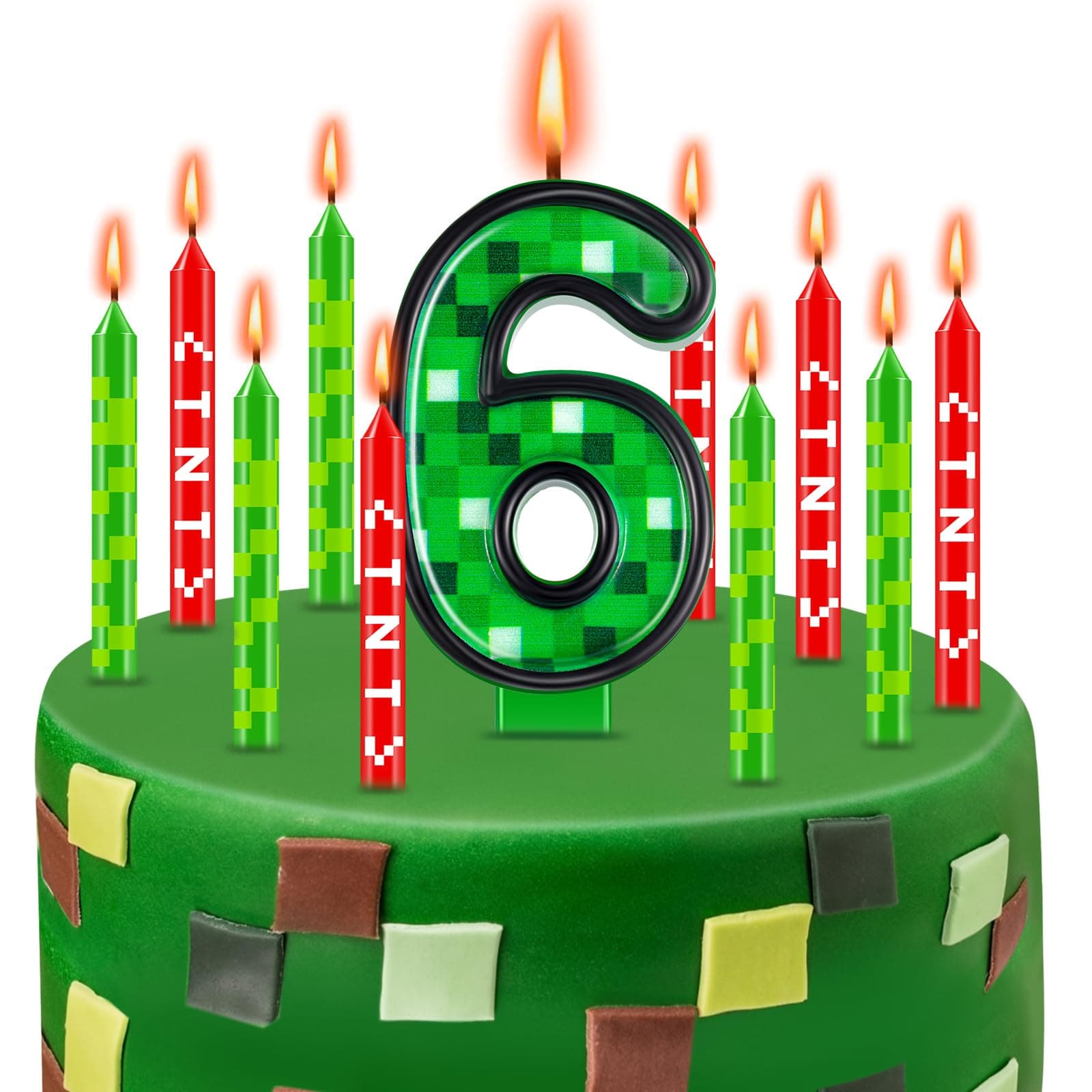 Landhoow 13 Pieces TNT Themed Birthday Candles for Cake Green Number Candle Pixel Cake Candles for Birthday Graduation Celebration Wedding Party Supplies Decoration(Number 6)