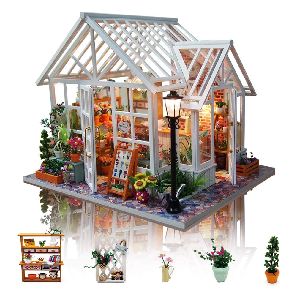 DIY Dollhouse Miniature Kit, 3D Wooden Dollhouse Kit with Furniture and Music and LED Light, Craft Miniature Model Kits for Women and Collectors, Beautiful Flower Shop