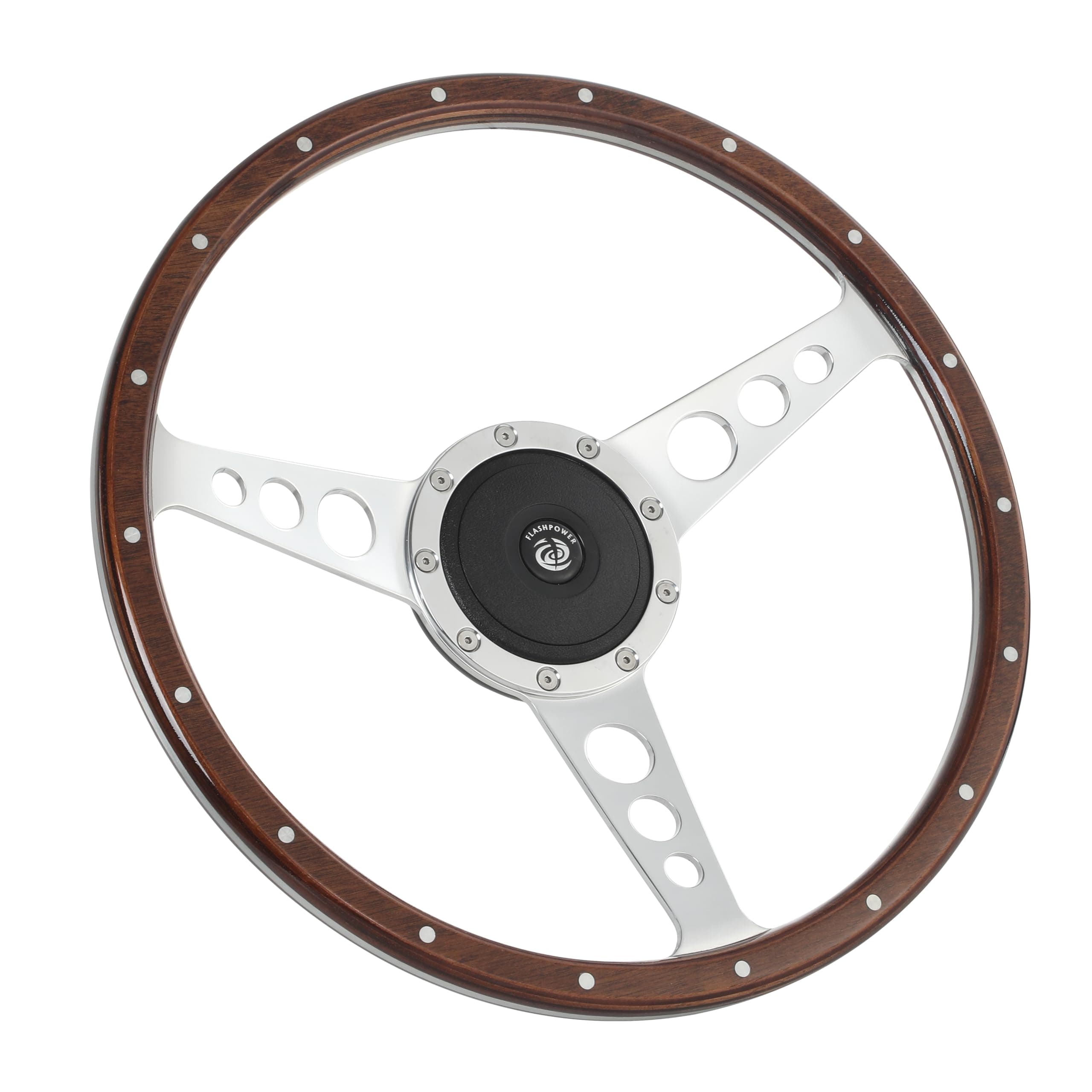 Flashpower 15'' Classic Wood Steering Wheel 18 Rivets with Horn Button
