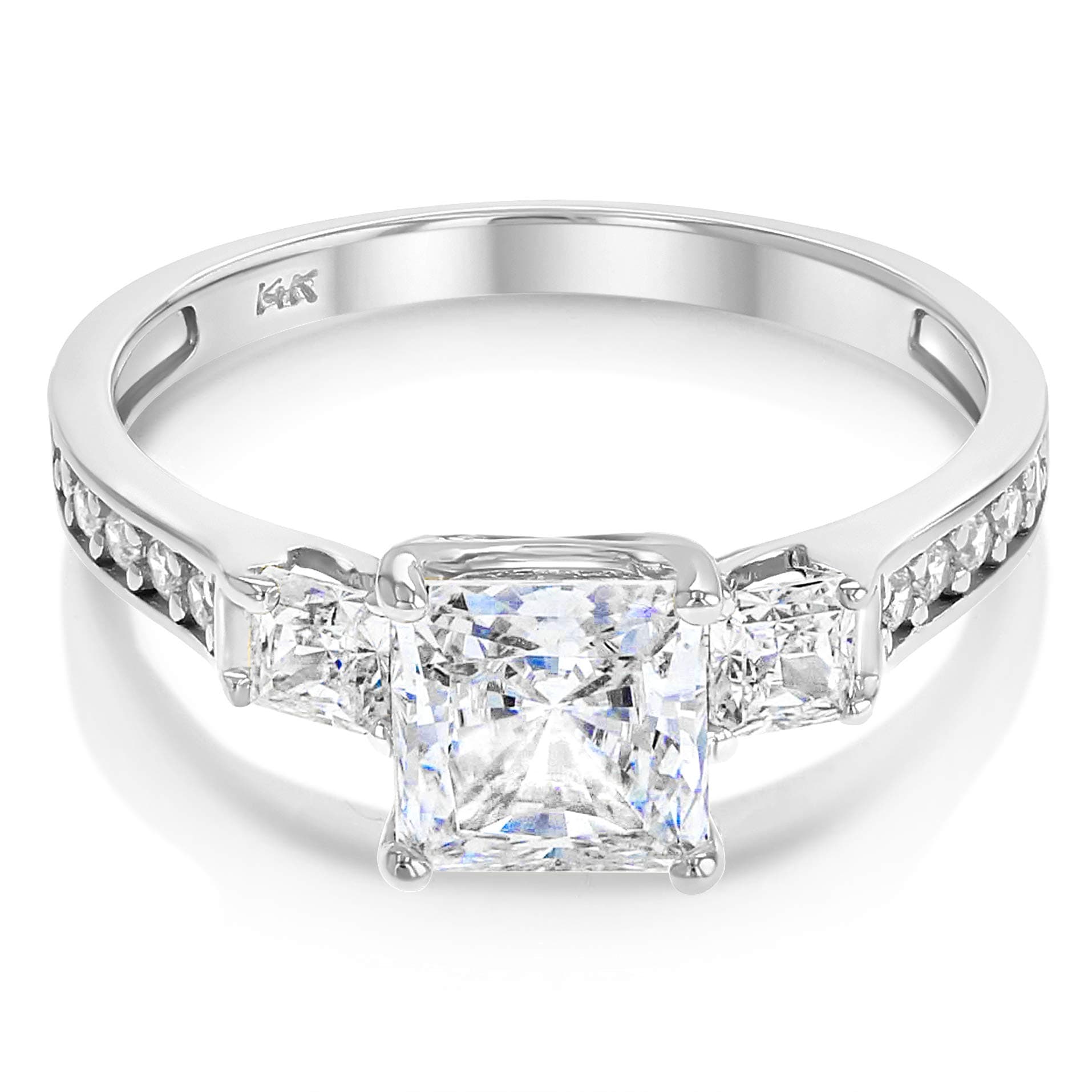 14K Solid White Gold 1.5 Ct. Princess Cut 3 Stone CZ Engagement Ring With Stones in Band - Size 4