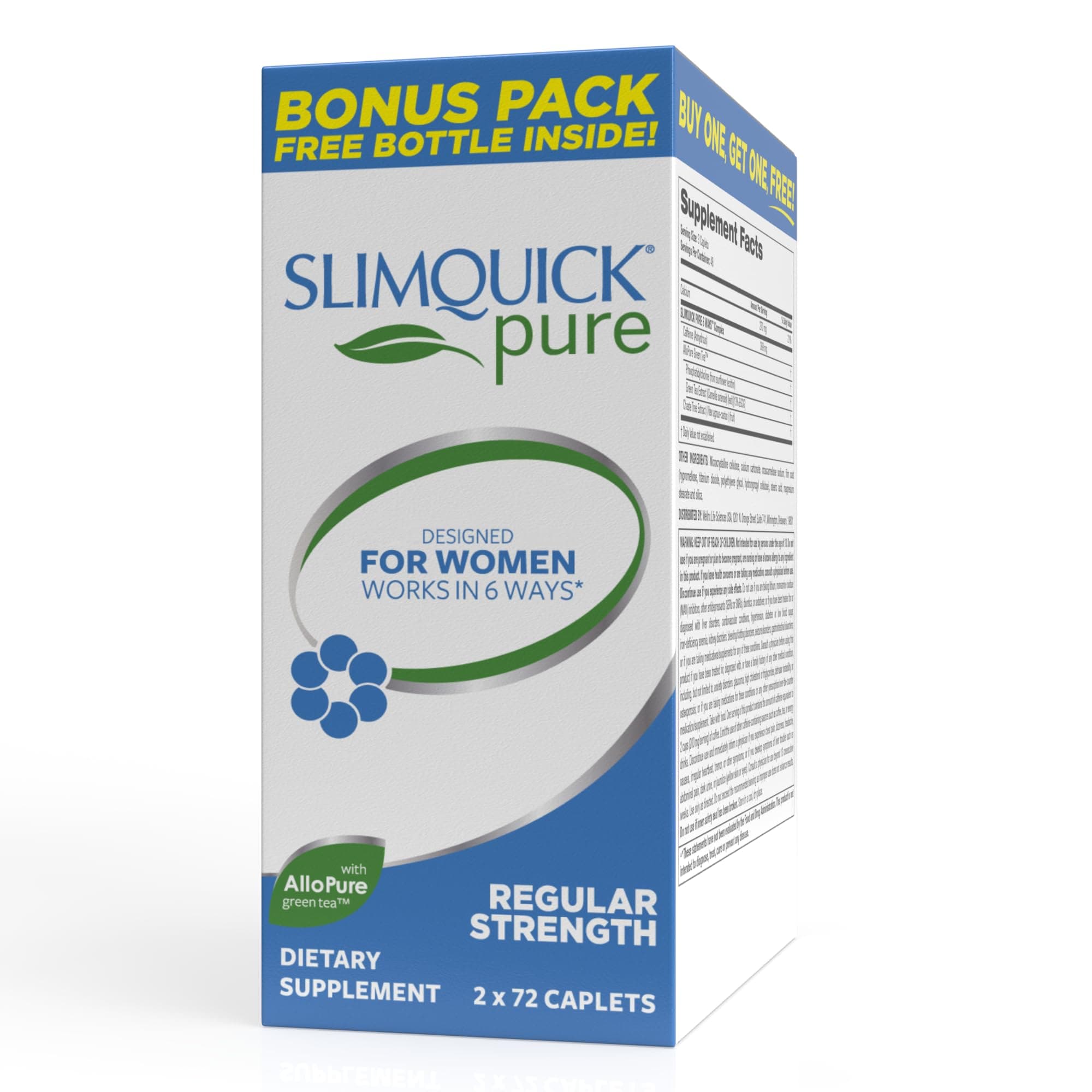 Slimquick Pure 3x Regular Strength Pills for Women to Help Achieve Weight Goals, Helps Metabolism, Lose Excess Water, Keeps Full for Longer with AlloPure Green Tea, Caffine, Caste Tree - 2x72 Capsules
