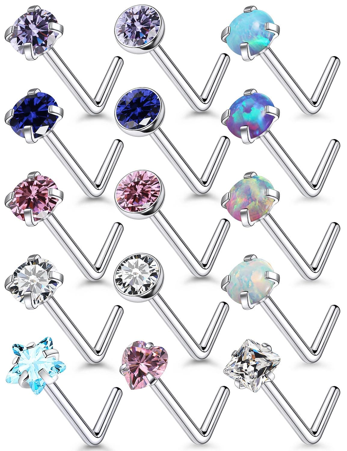 15 Pcs 18G 20G Surgical Steel Nose Rings Studs for Women Opal Nose Rings Diamond CZ Nose Studs L Shaped Nose Nostril Piercing Jewelry Hypoallergenic