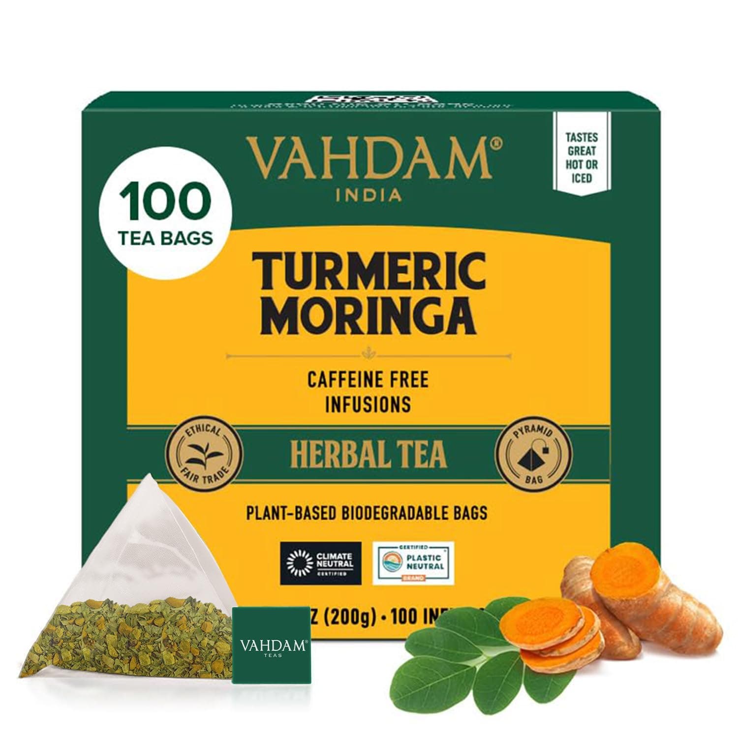 Turmeric Moringa Tea Bags (100 Herbal Tea Bags) Caffeine Free, Non GMO, Gluten Free | 100% Pure Herbal Blend - Sweet & Earthy | Resealable Ziplock Pouch