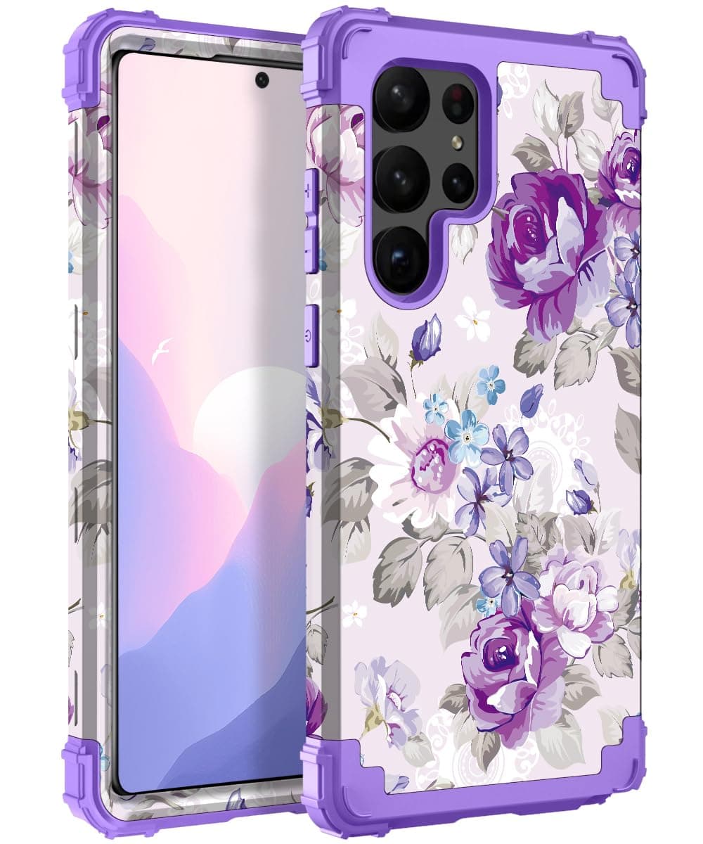 Hocase for Galaxy S23 Ultra Case, Shockproof Heavy Duty Hard Plastic+Soft Silicone Rubber Bumper Hybrid Dual-Layer Protective Case for Samsung Galaxy S23 Ultra 6.8" 2023 - Lavender Flowers