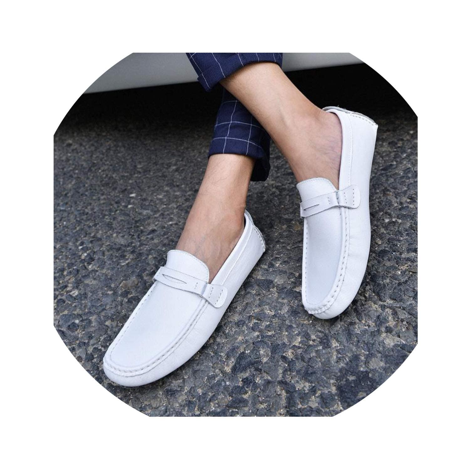 floral hoop Shoes Men Genuine Leather Fashion Brand Mens Loafers Slip-On Driving Shoes Mens Moccasins Zapatos Hombre Casual Cuero,White,10