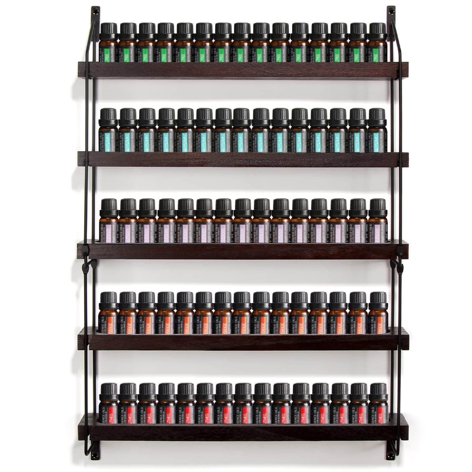 THYGIFTREE Essential Oil Storage Shelf Wall Mounted 16.9" Wooden Essential Oil Collection Display Rack Organizer 5 Tiers Holds 75 Bottles, Nail Polish Holder Paint Organizer