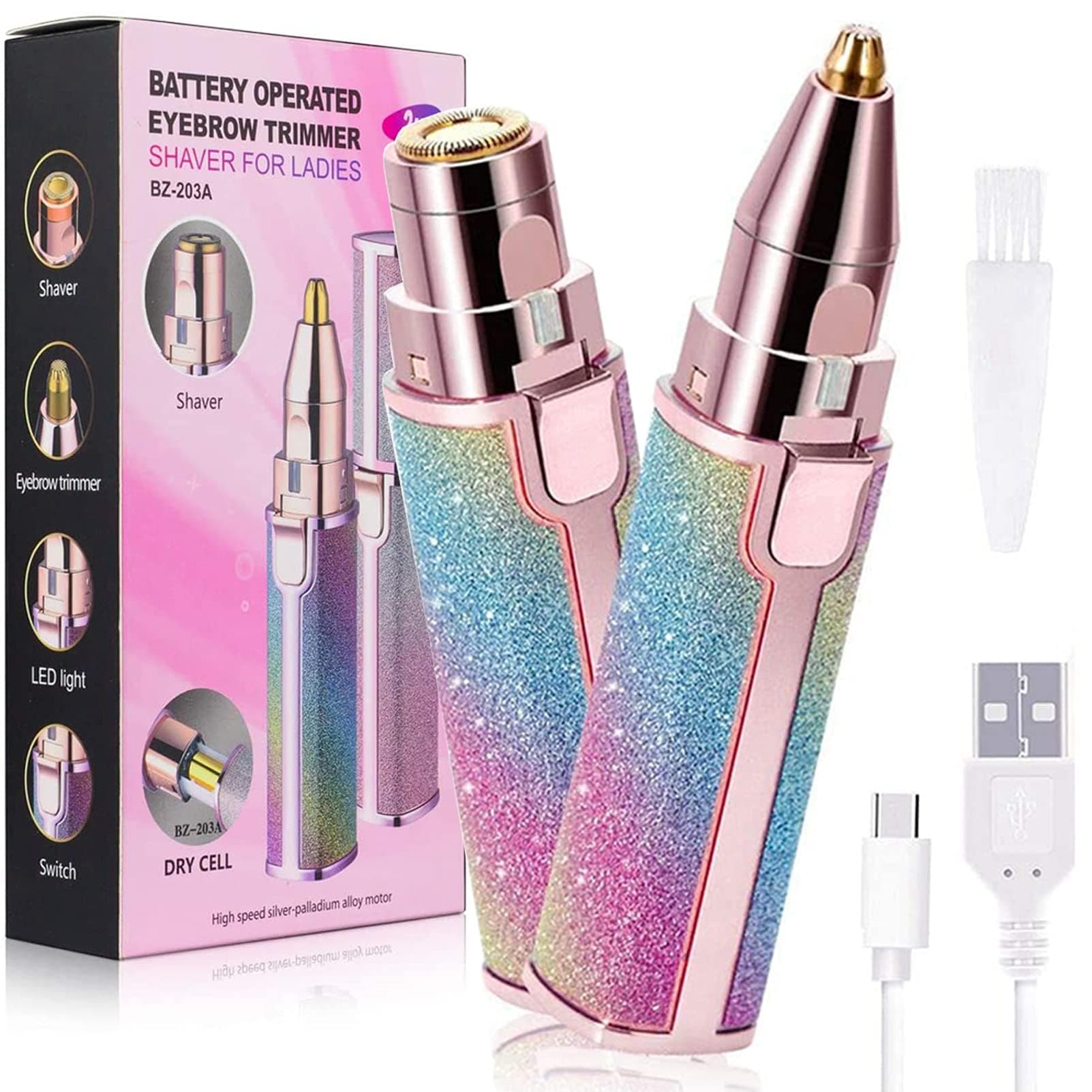 Eyebrow Trimmer Facial Hair Remover for Women, Rechargeable Body Face Hair Shaver Razor USB Electric Remover Nose Lips Armpit Bikini Painless Built-in LED Light Lady Gift (Rainbow 1 Pack 2 Heads)