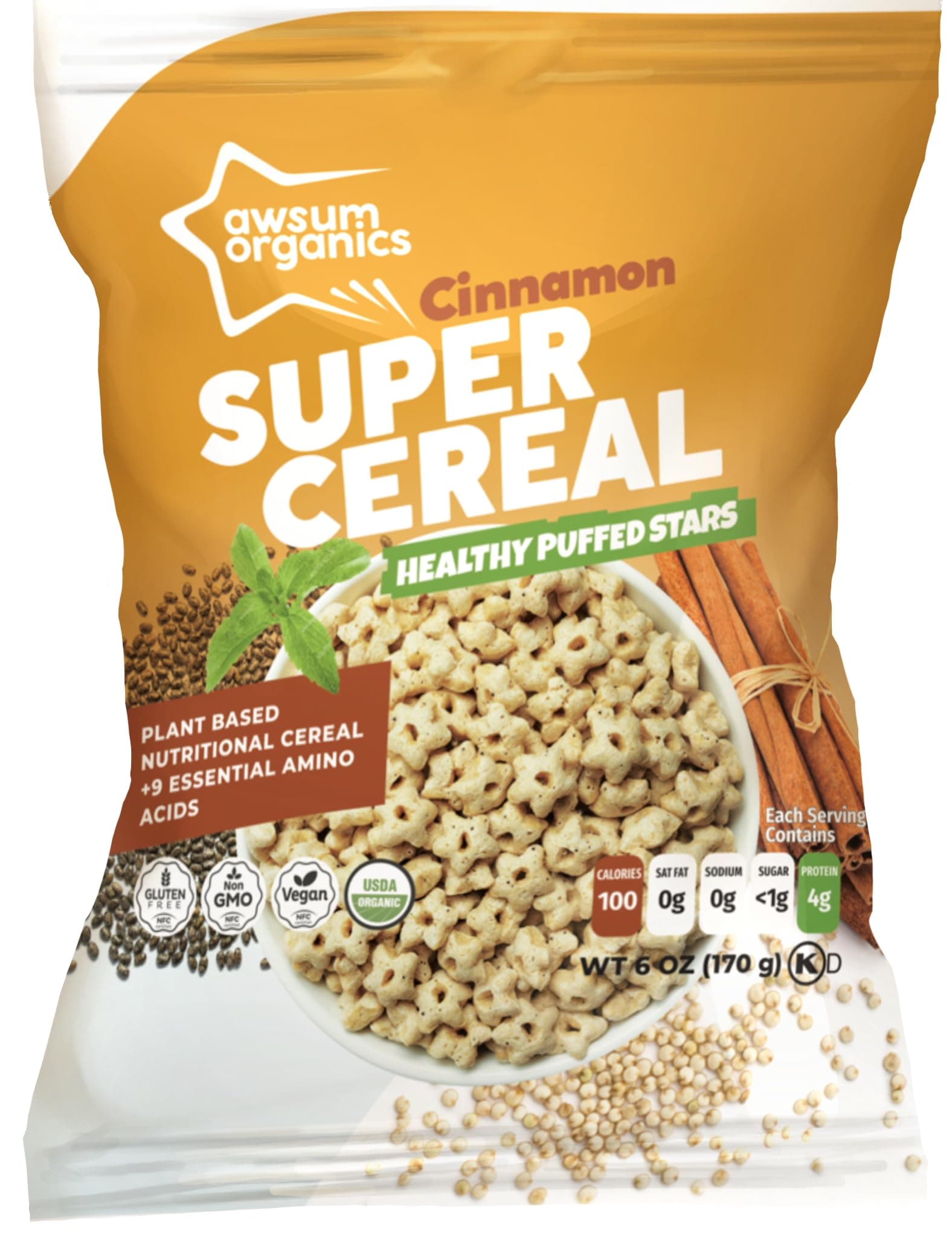 Awsum Snacks SUPERCEREAL with Cinnamon & Chia Seeds 6oz - Certified USDA Organic, Vegan, Gluten Free, Non GMO, Kosher Sugar Free Cereals - Diabetic Healthy Snack - Cereal Puffed