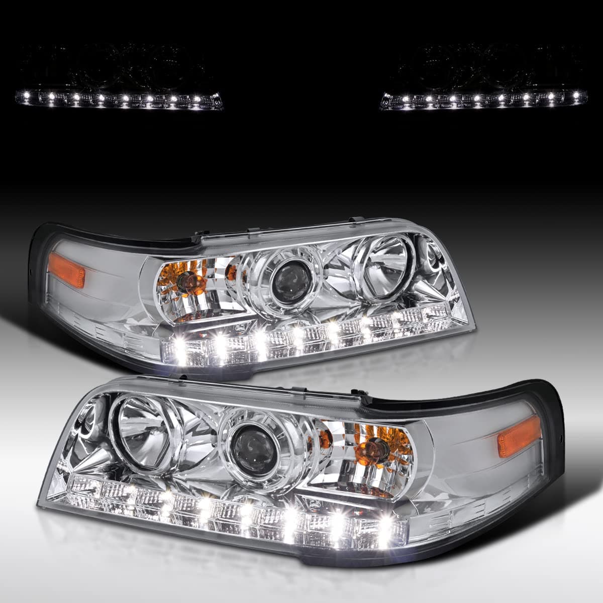 Autozensation Compatible with 1998-2011 Ford Crown Victoria, Left + Right Pair Headlamps Assembly, SMD LED Chrome Projector Headlights