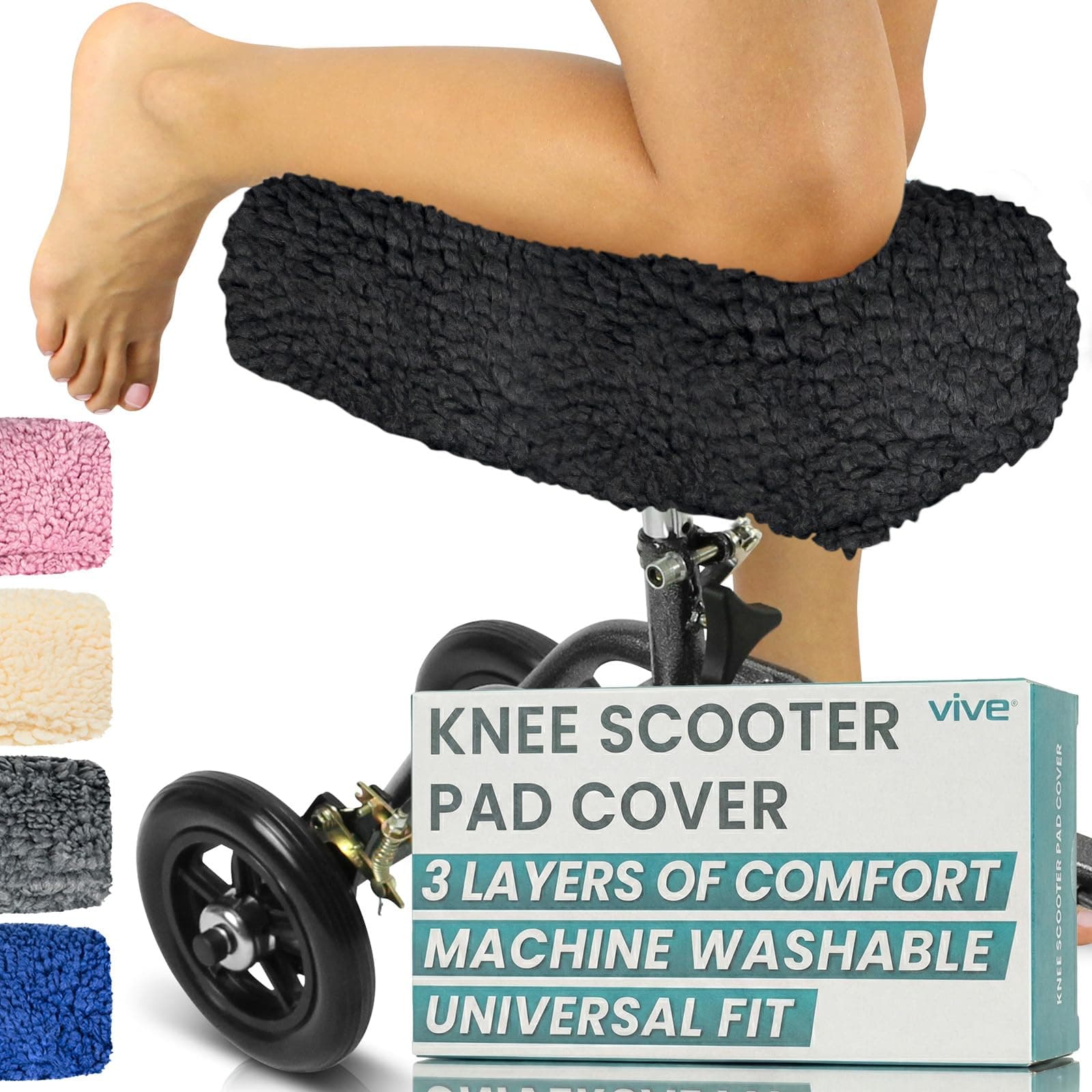Vive Knee Walker Pad Cover Plush Synthetic Faux Sheepskin Scooter Cushion Accessory For Knee Roller Leg Cart Improves Comfort During Injury Padded Washable Protector Pillow For Kids Adults One Size Bl