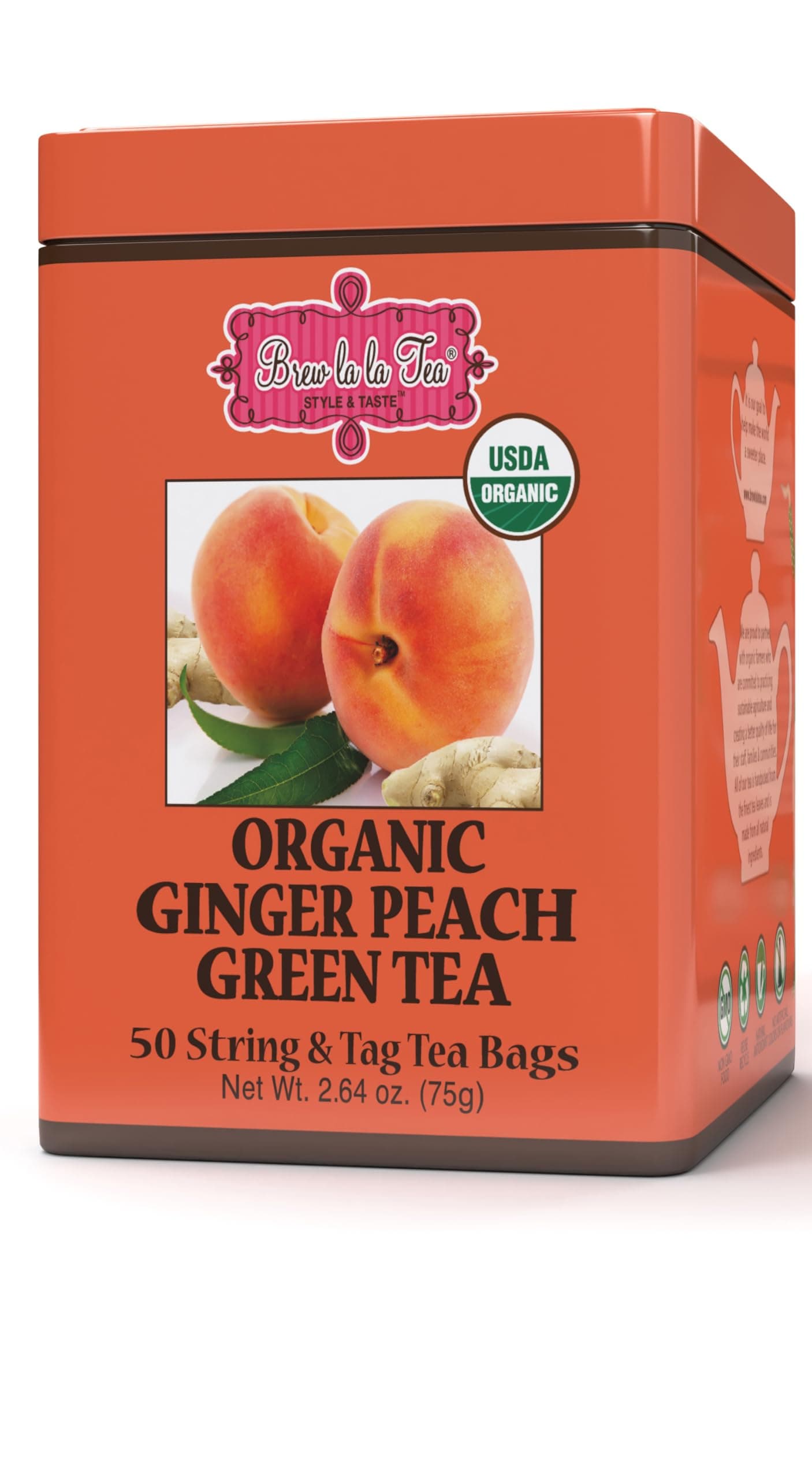 Brew La La Organic Green Tea - Natural Ginger Peach Flavor - 50 Double Chambered Tea Bags - Low Caffeine - USDA Certified Organic - NonGMO - Gluten Free