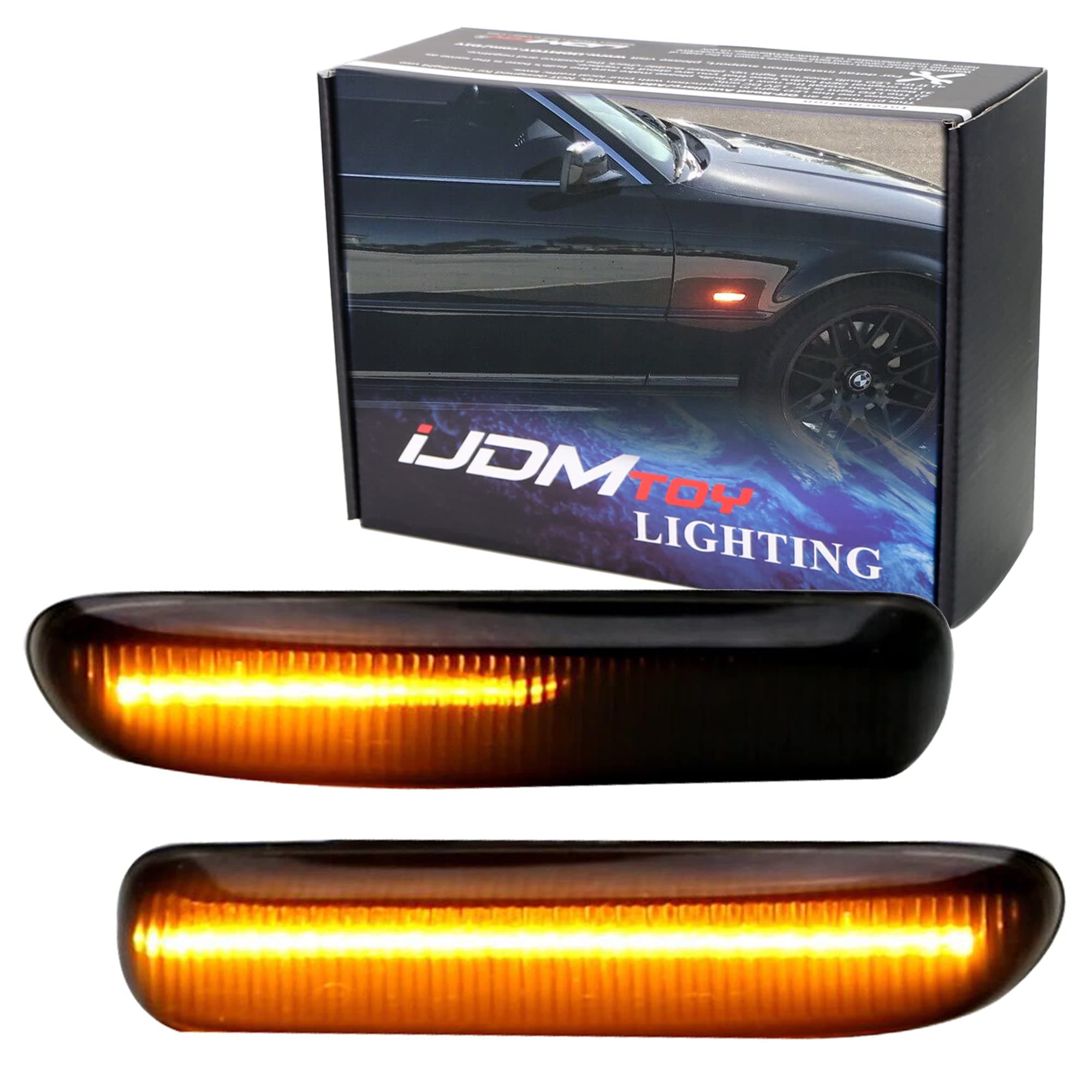 iJDMTOY Euro Smoked Lens Amber Full LED Sequential Blink Front Side Marker Light Kit Compatible With BMW E46 1999-01 3 Series Sedan, 1999-03 3 Series Coupe, Replace OEM Amber/Clear Sidemarker Lamps