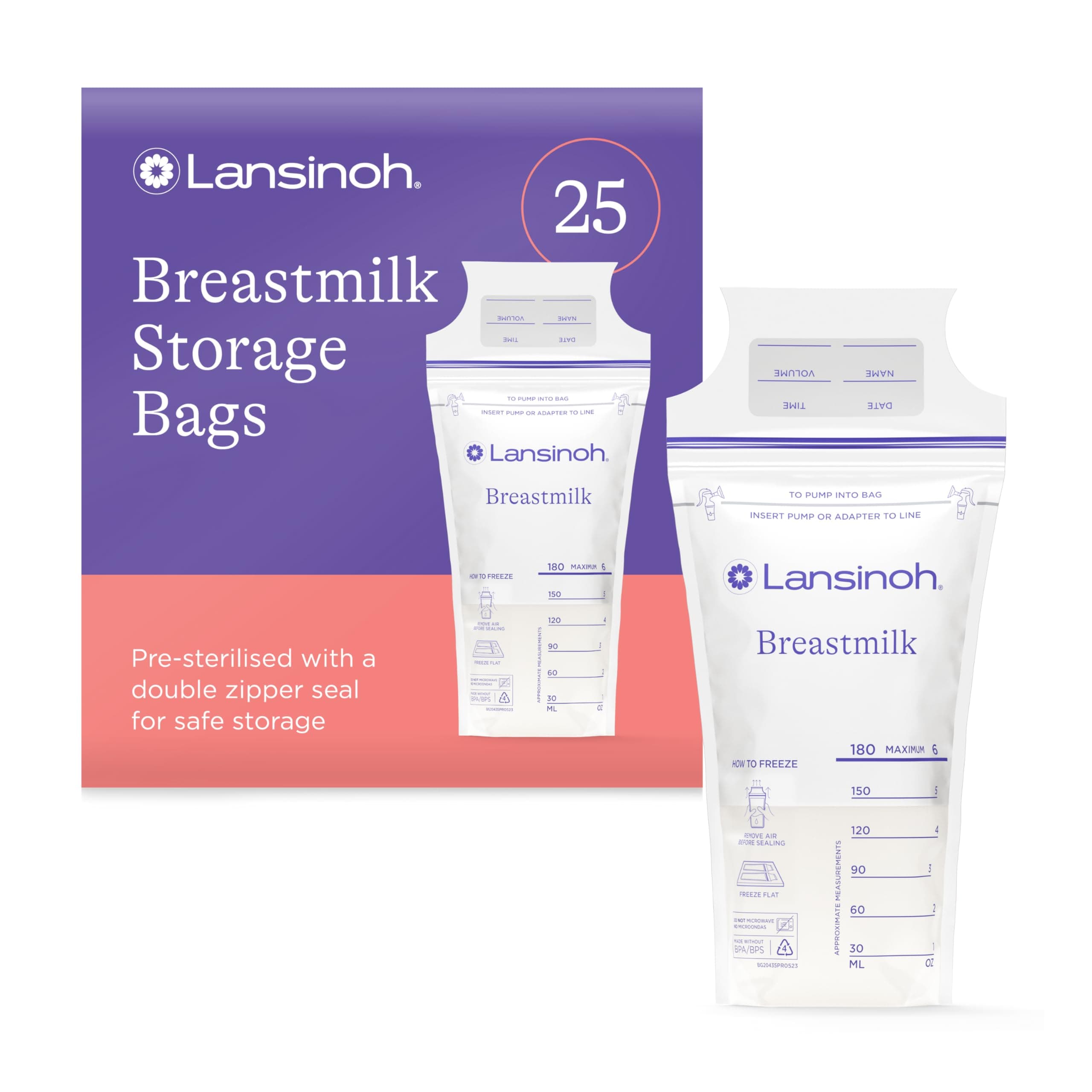 Breast Milk Storage Bags - Pre-Sterilised, Leakproof & BPA/BPS-Free - Fridge & Freezer Breastmilk Pouches - Pump into bag with Lansinoh Breast Pumps - Breastfeeding Essentials - 25 Pack