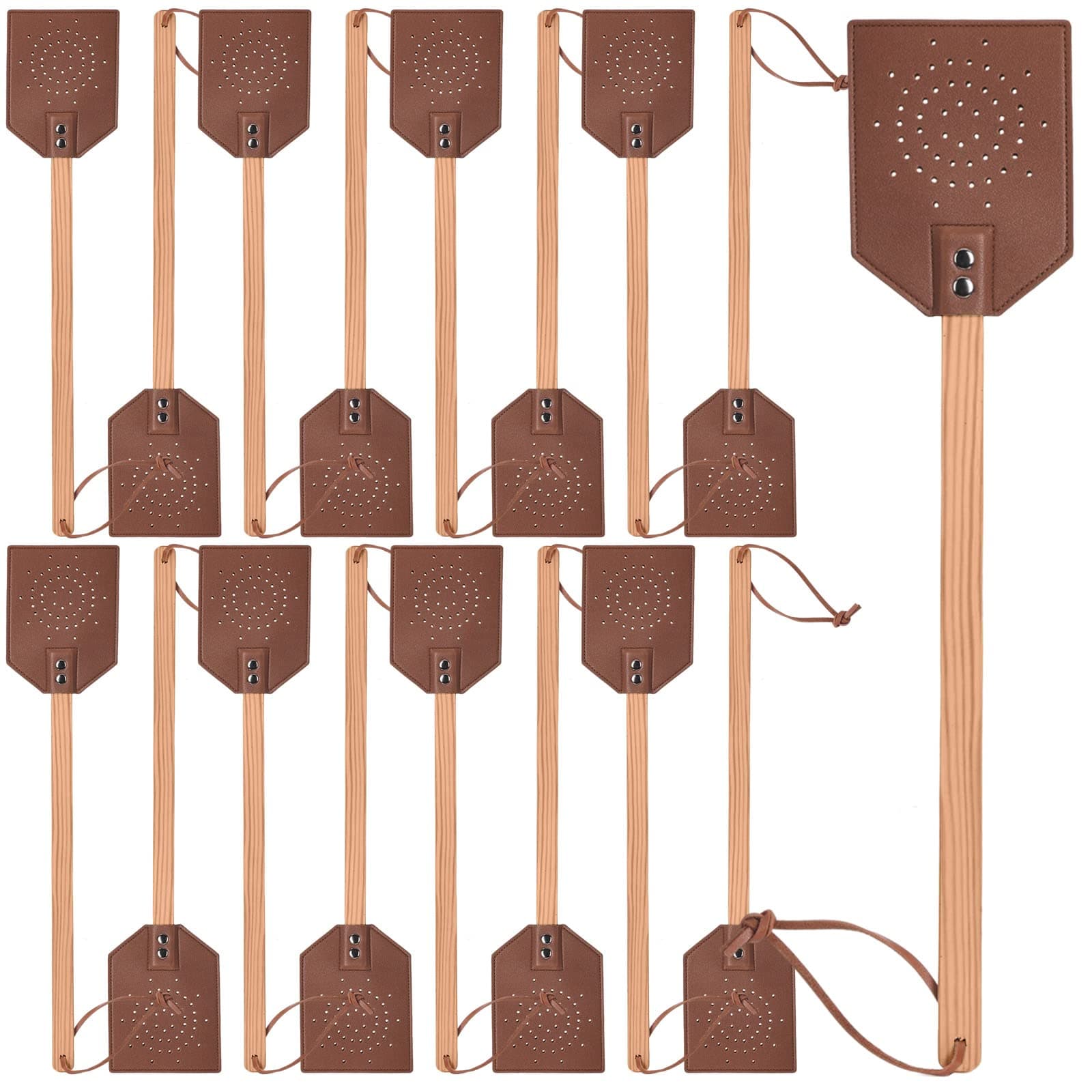 8 Pcs Heavy Duty 19 Inch Antique Leather Fly Swatters Rustic Manual Swat with Wooden Long Handle Indoor Outdoor Flyswatter, Chocolate Color