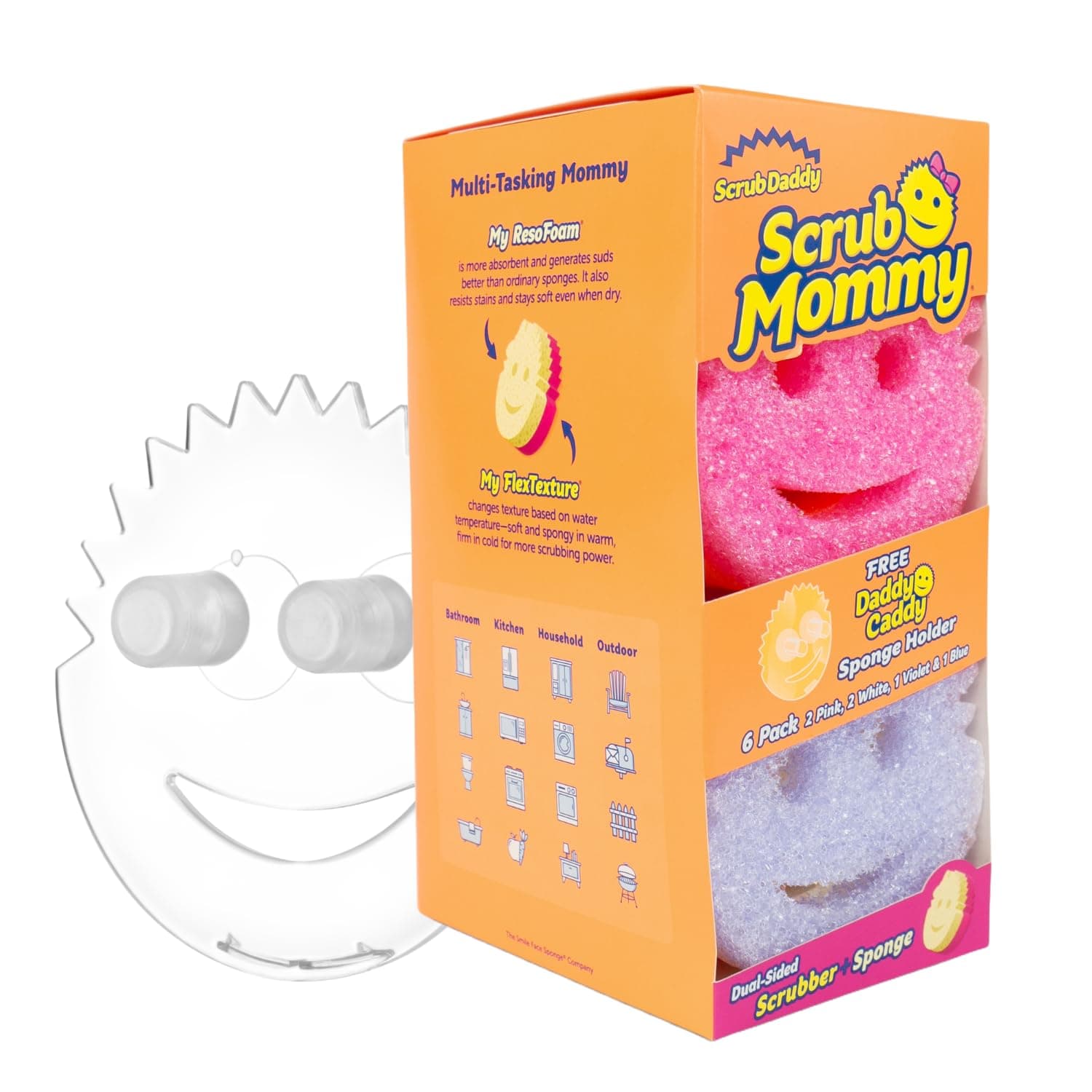Scrub Daddy 6 Scrub Mommy Kitchen Sponges & 1 Daddy Caddy Sponge Holder - Scratch-Free for Dishes & Multipurpose Cleaning - BPA Free & Made with Polymer Foam - Stain & Odor Resistant