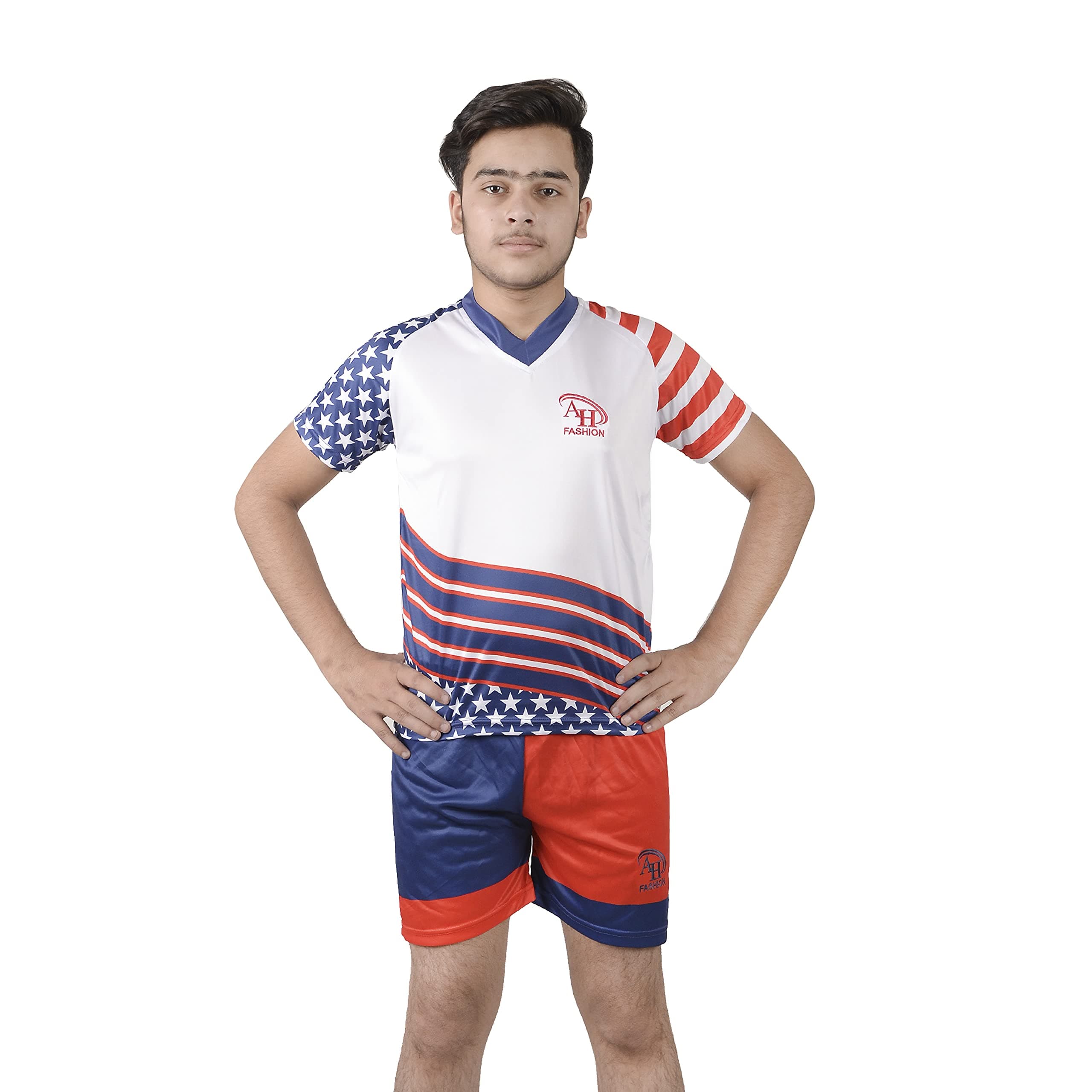 A&H Fashion Kids Football USA Flag Jersey Boys Soocer Kit American Flag Printed Shirt Short Socks 3 Piece Set