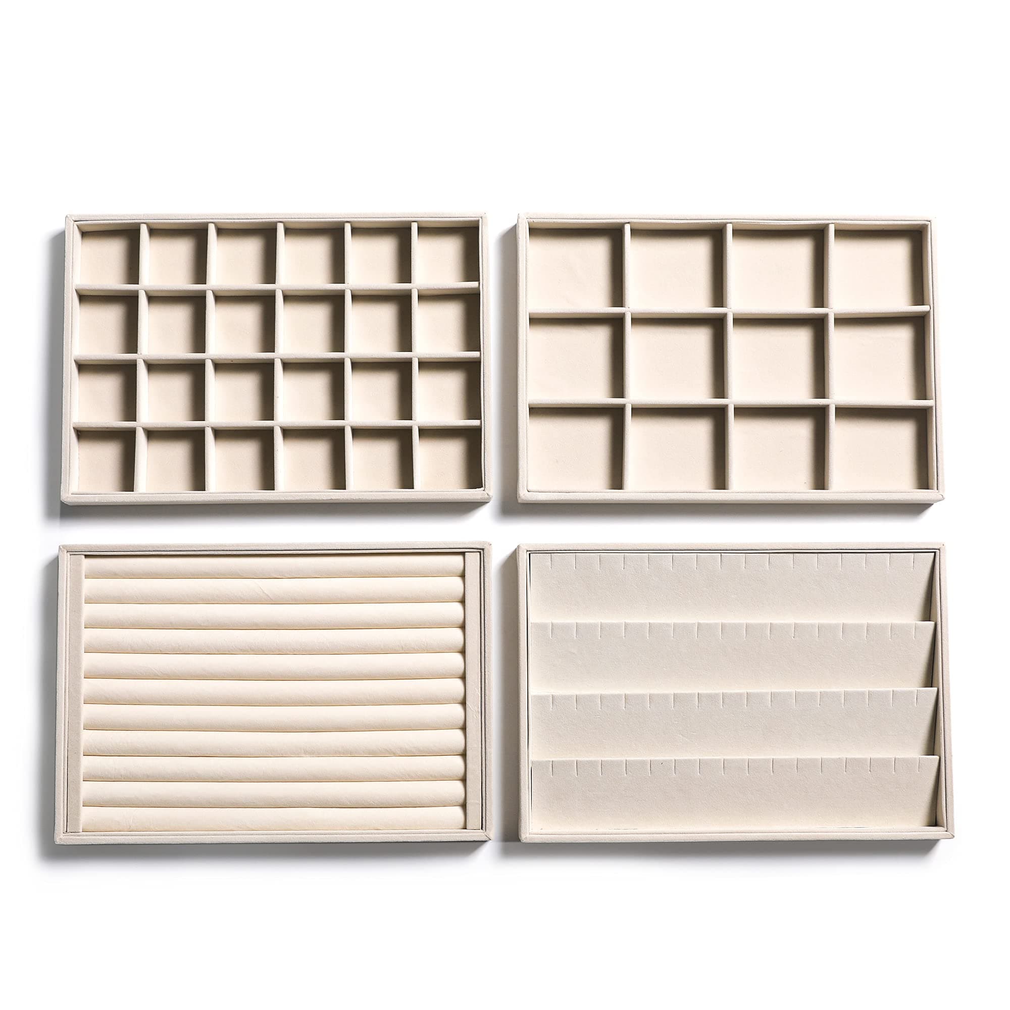 Frebeauty Stackable Velvet Jewelry Organizer Trays for Drawers Inserts Jewelry Storage Tray Display Case Earrings Bracelets Necklace Rings Accessories Trays for Women Girls(Set of 4)（Beige